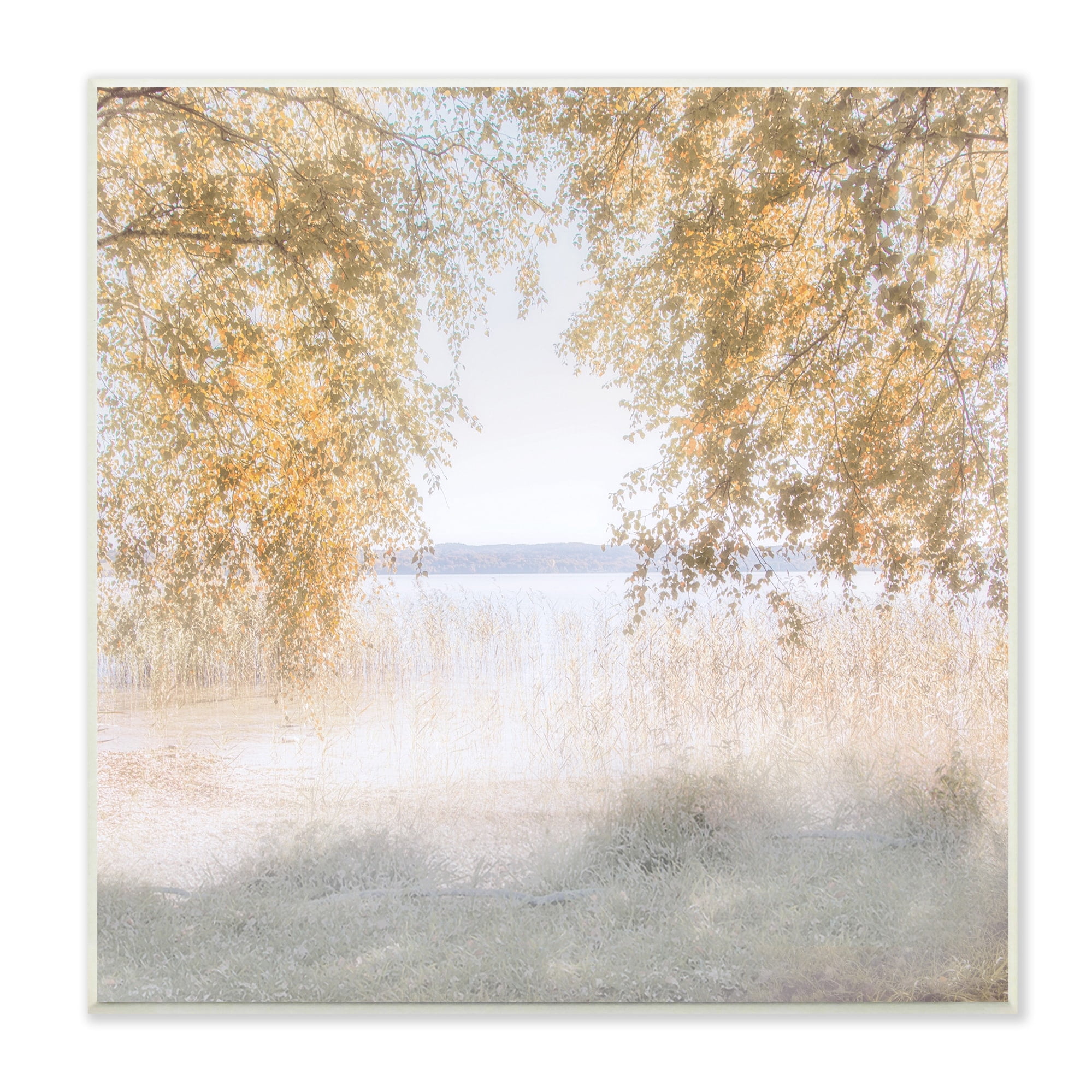 Stupell Industries Lake Shore Yellow Foliage Trees Distant Mountains Wood Wall Art, 12 x 12, Design by Irene Weisz