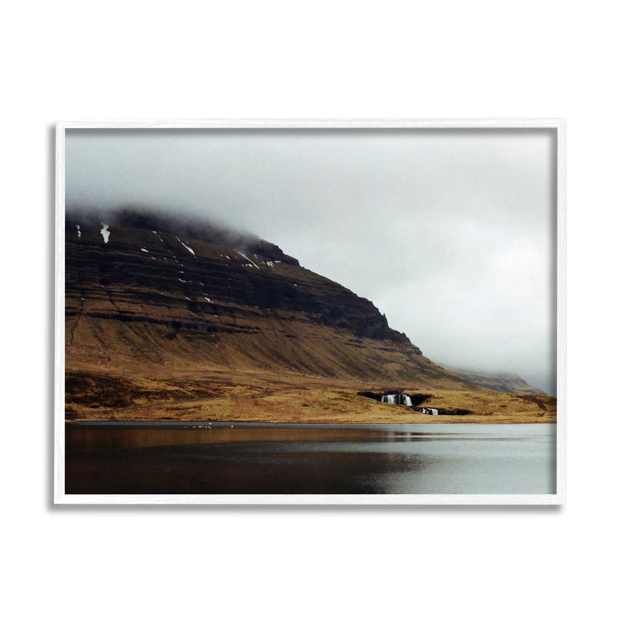 Stupell Industries Lake Side Cliffs Looming Fog Plateau Landscape Photograph White Framed Art Print Wall Art, Design by Lynann Colligan