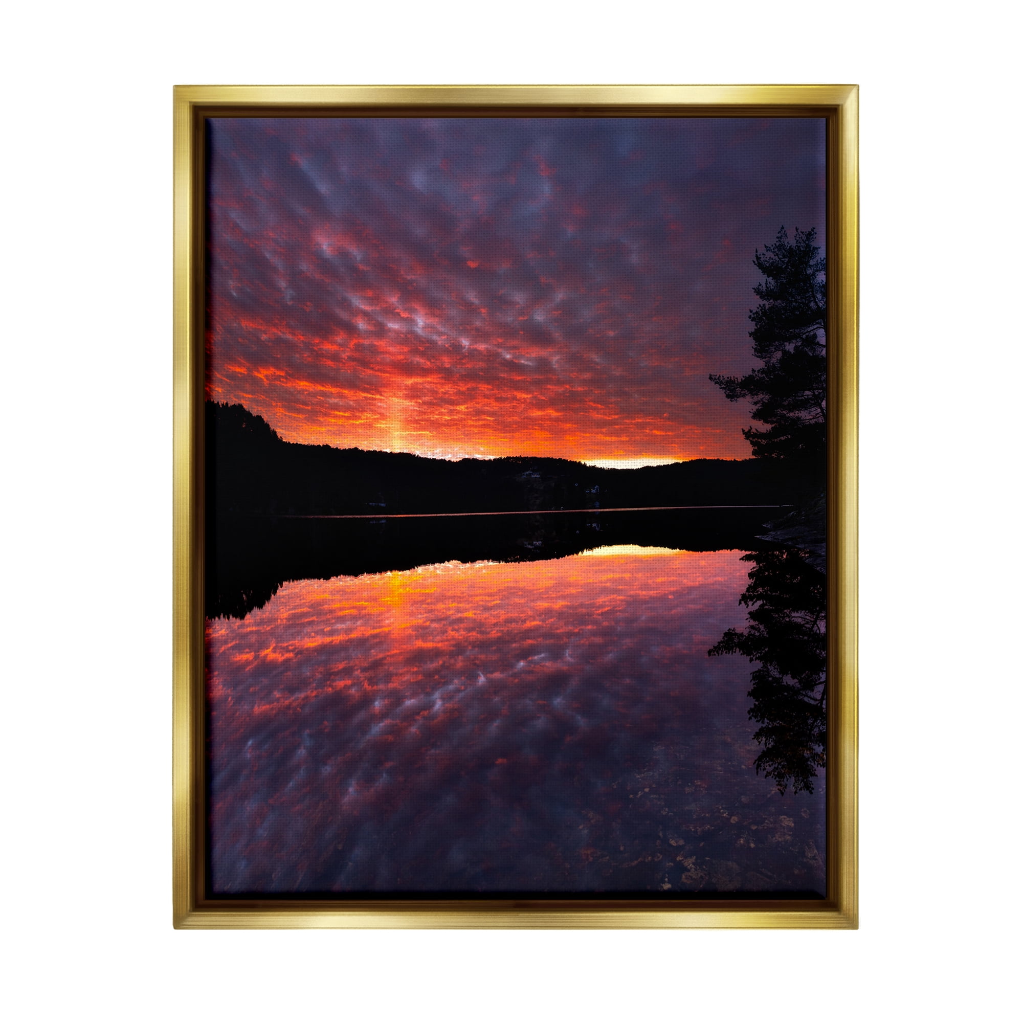 Stupell Industries Lake Sunset Reflection Nature Photography Gold Floater Framed Art Print Wall Art, 25 x 31