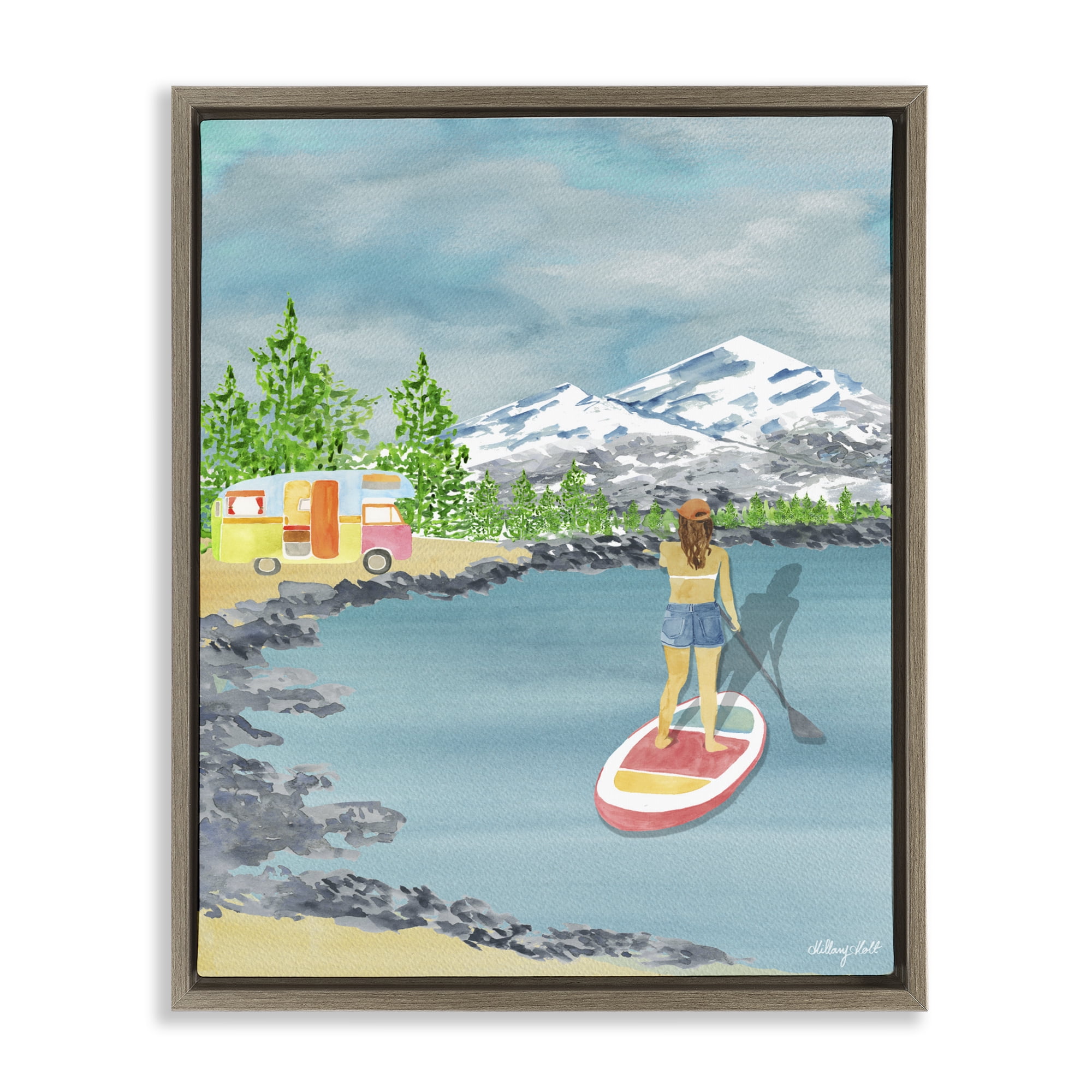 Stupell Industries Lake Tahoe Paddle Boarding Brown Framed Floater Canvas Wall Art, design by Hillary Holt