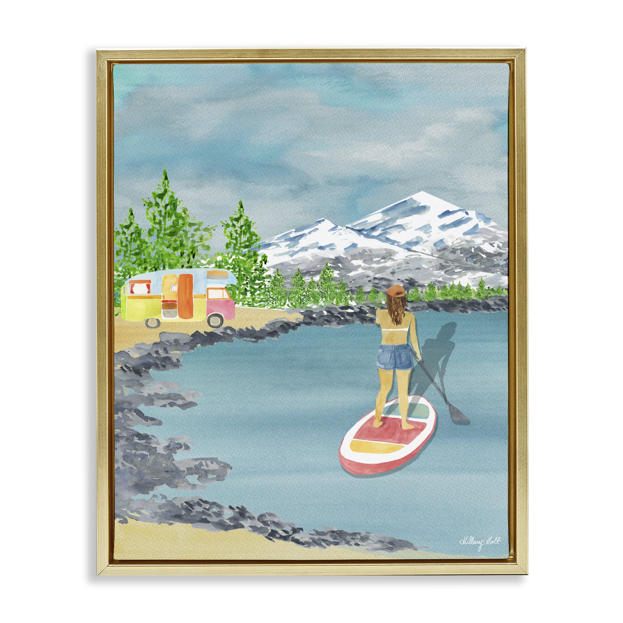 Stupell Industries Lake Tahoe Paddle Boarding Gold Framed Floater Canvas Wall Art, design by Hillary Holt