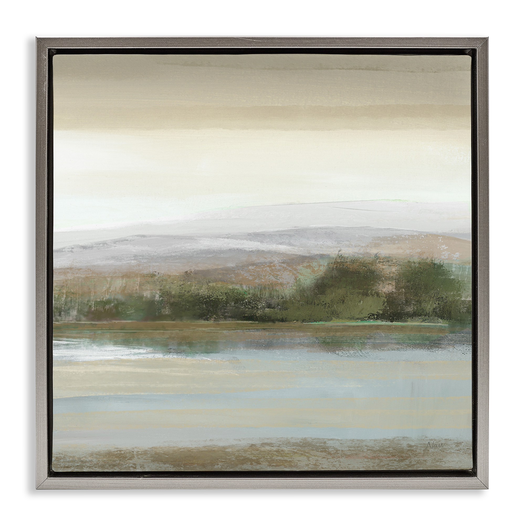 Stupell Industries Lake View Atmosphere Landscape Painting Gray Floater Framed Canvas Art Print Wall Art, 18 x 18