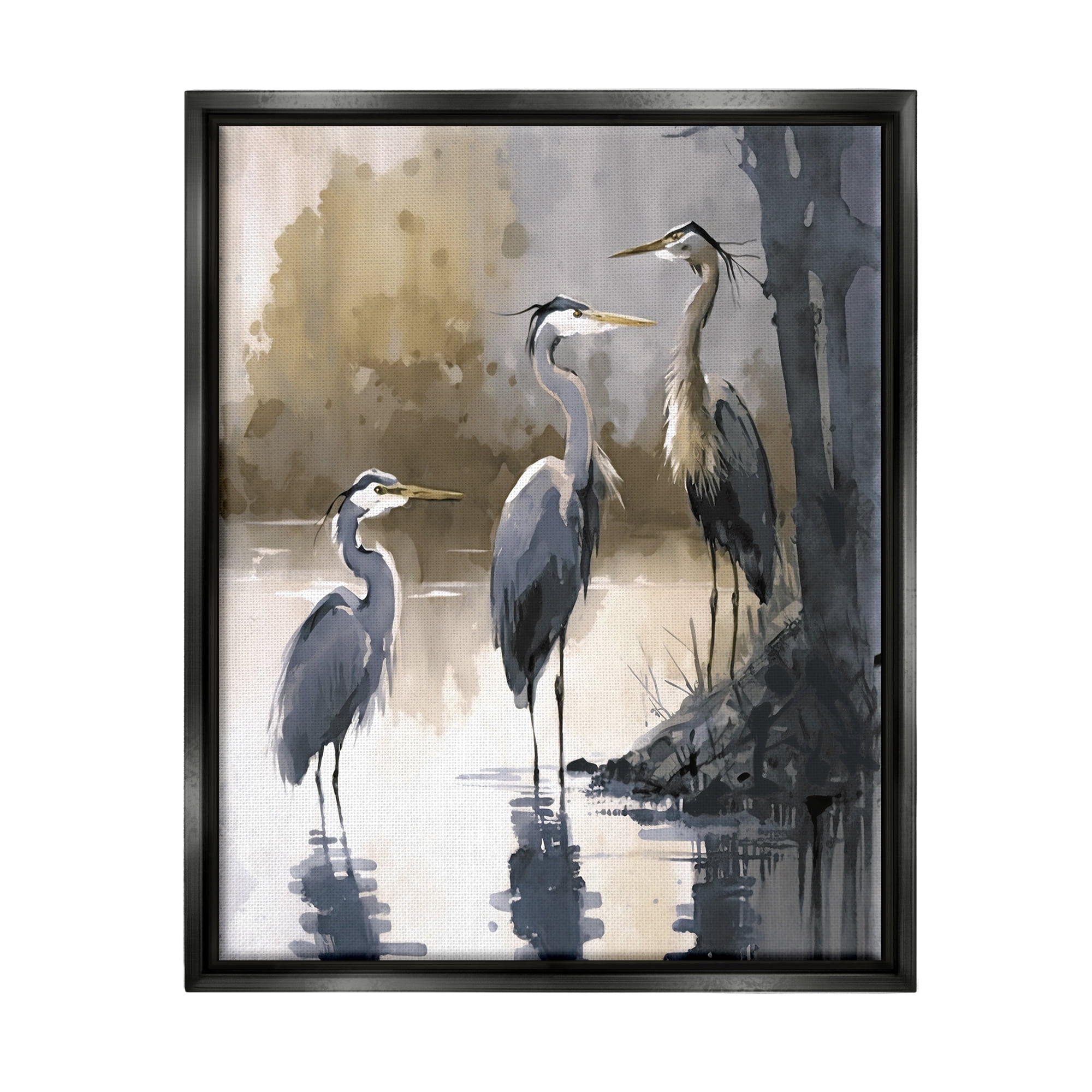 Stupell Industries Lake View Herons Animals & Insects Painting Black Floater Framed Canvas Art Print Wall Art, 25 x 31