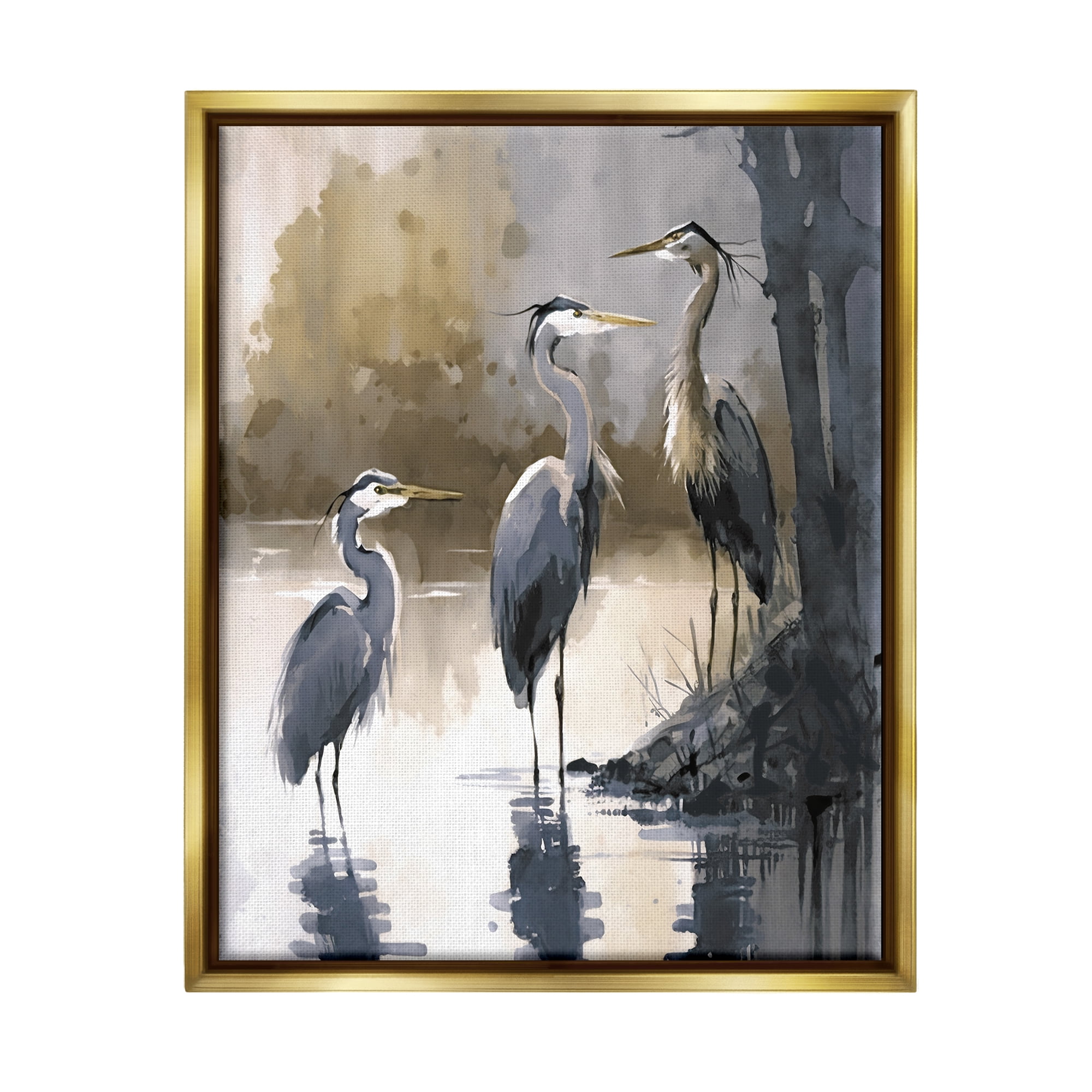 Stupell Industries Lake View Herons Animals & Insects Painting Gold Floater Framed Canvas Art Print Wall Art, 25 x 31