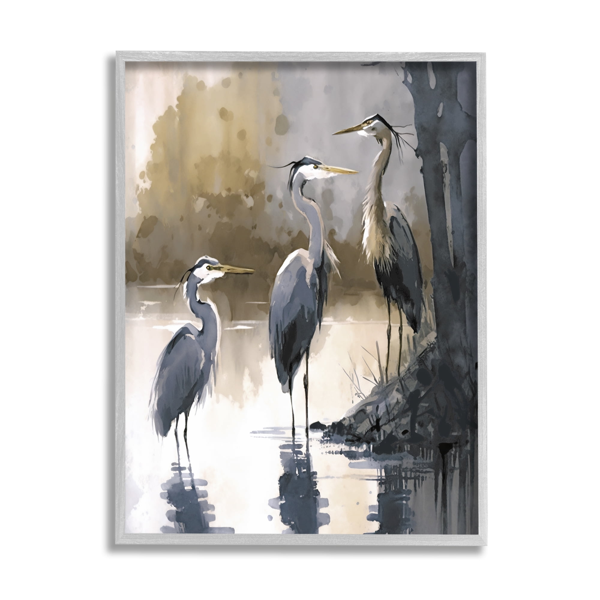 Stupell Industries Lake View Herons Animals & Insects Painting Gray Framed Art Print Wall Art, 16 x 20