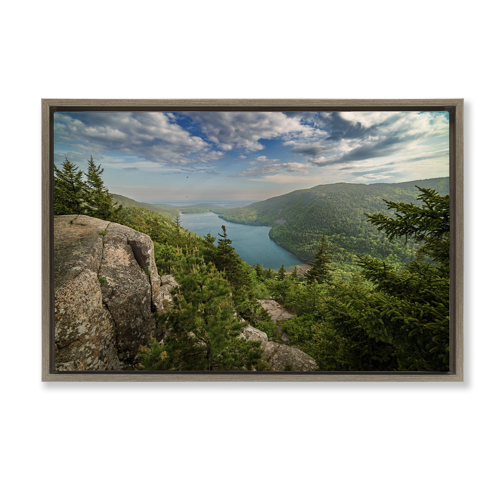 Stupell Industries Lake View Over Mountains Landscape & Nature Photography Brown Floater Framed Canvas Art Print Wall Art, 25 x 17