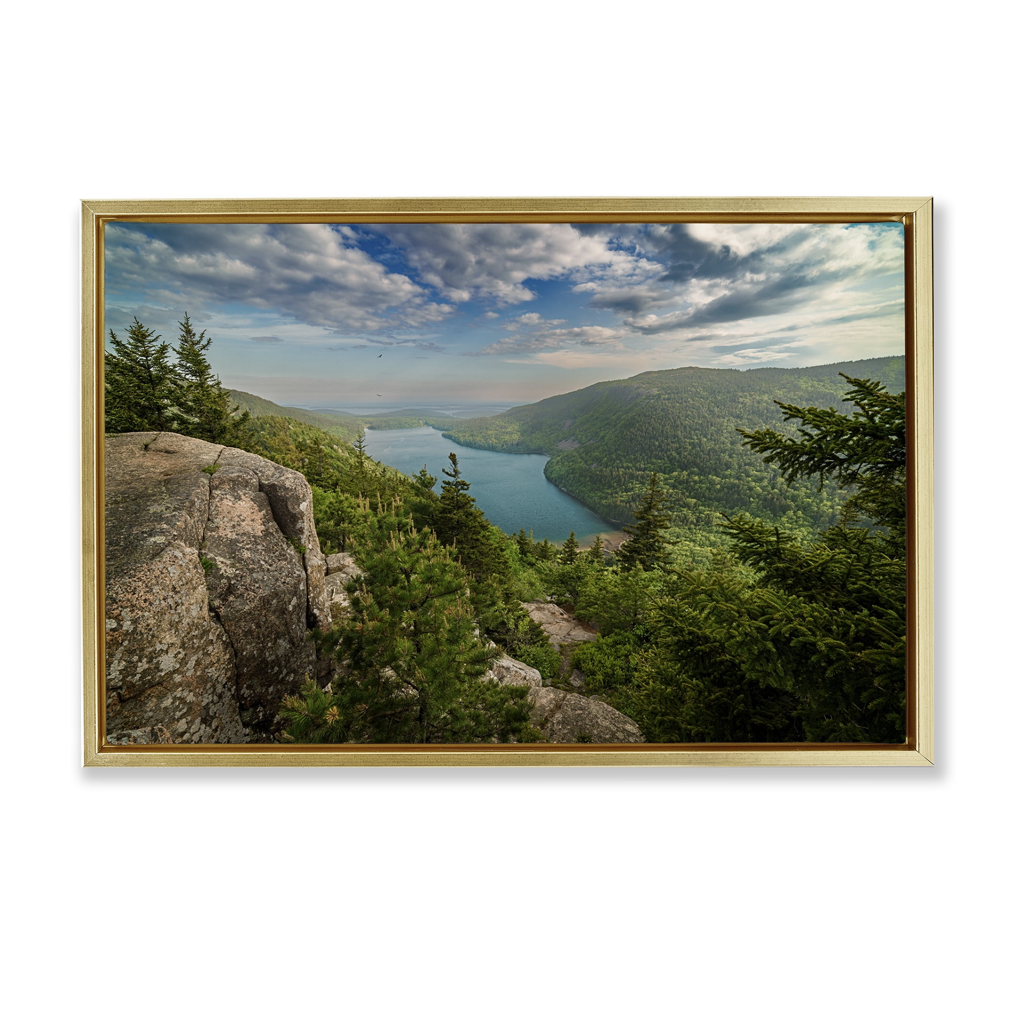Stupell Industries Lake View Over Mountains Landscape & Nature Photography Gold Floater Framed Canvas Art Print Wall Art, 31 x 21