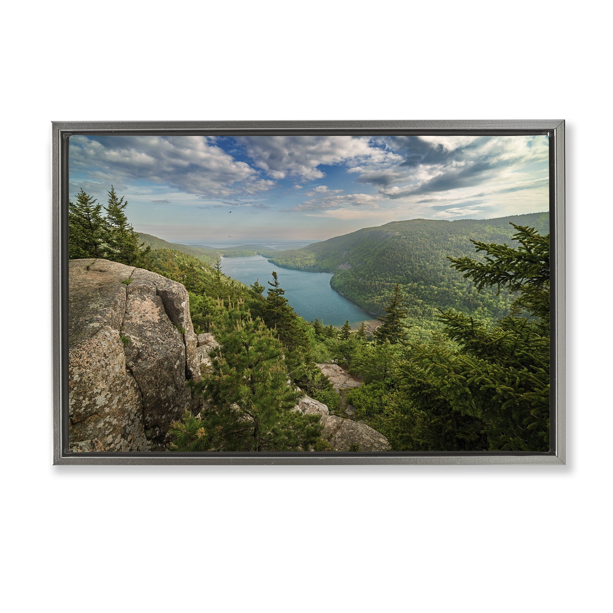 Stupell Industries Lake View Over Mountains Landscape & Nature Photography Gray Floater Framed Canvas Art Print Wall Art, 25 x 17