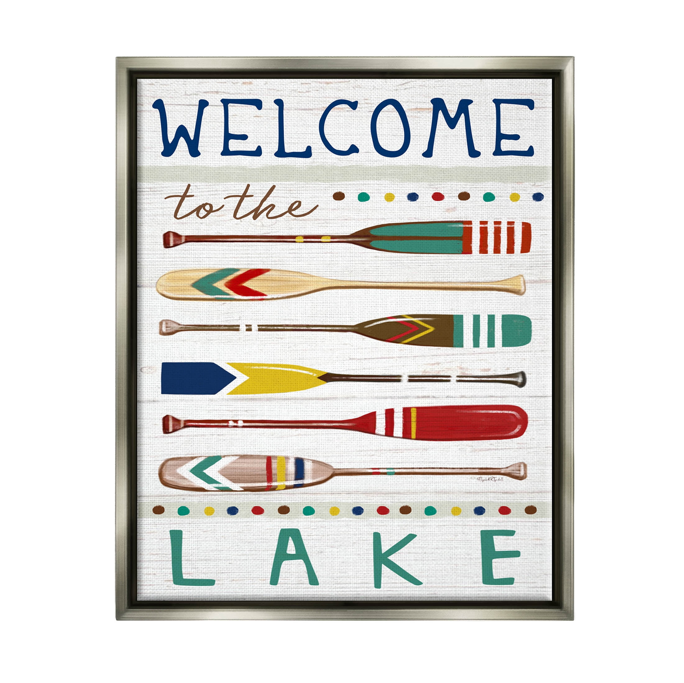 Stupell Industries Lake Welcome Sign Striped Oars Graphic Art Luster Gray Floating Framed Canvas Print Wall Art, Design by Elizabeth Tyndall