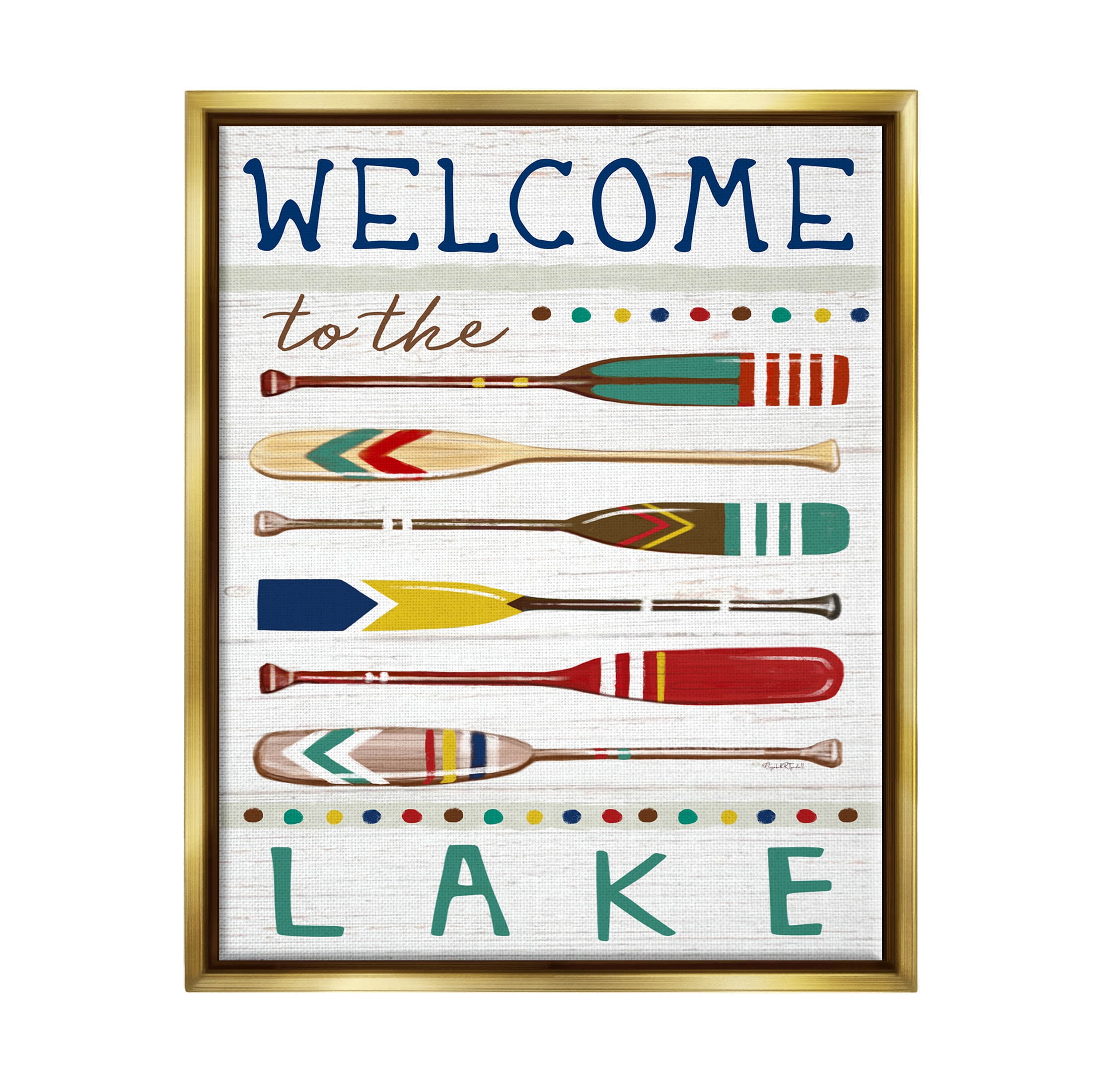 Stupell Industries Lake Welcome Sign Striped Oars Graphic Art Metallic Gold Floating Framed Canvas Print Wall Art, Design by Elizabeth Tyndall