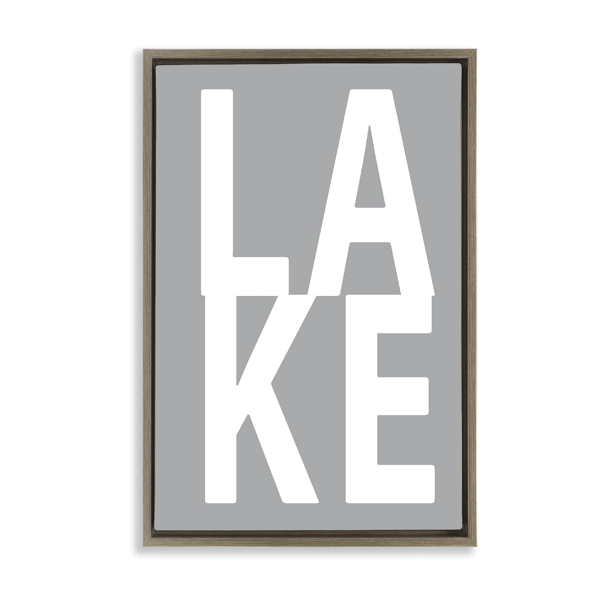 Stupell Industries Lake Word on Grey Typography Painting Brown Floater Framed Art Print Wall Art, 17 x 25