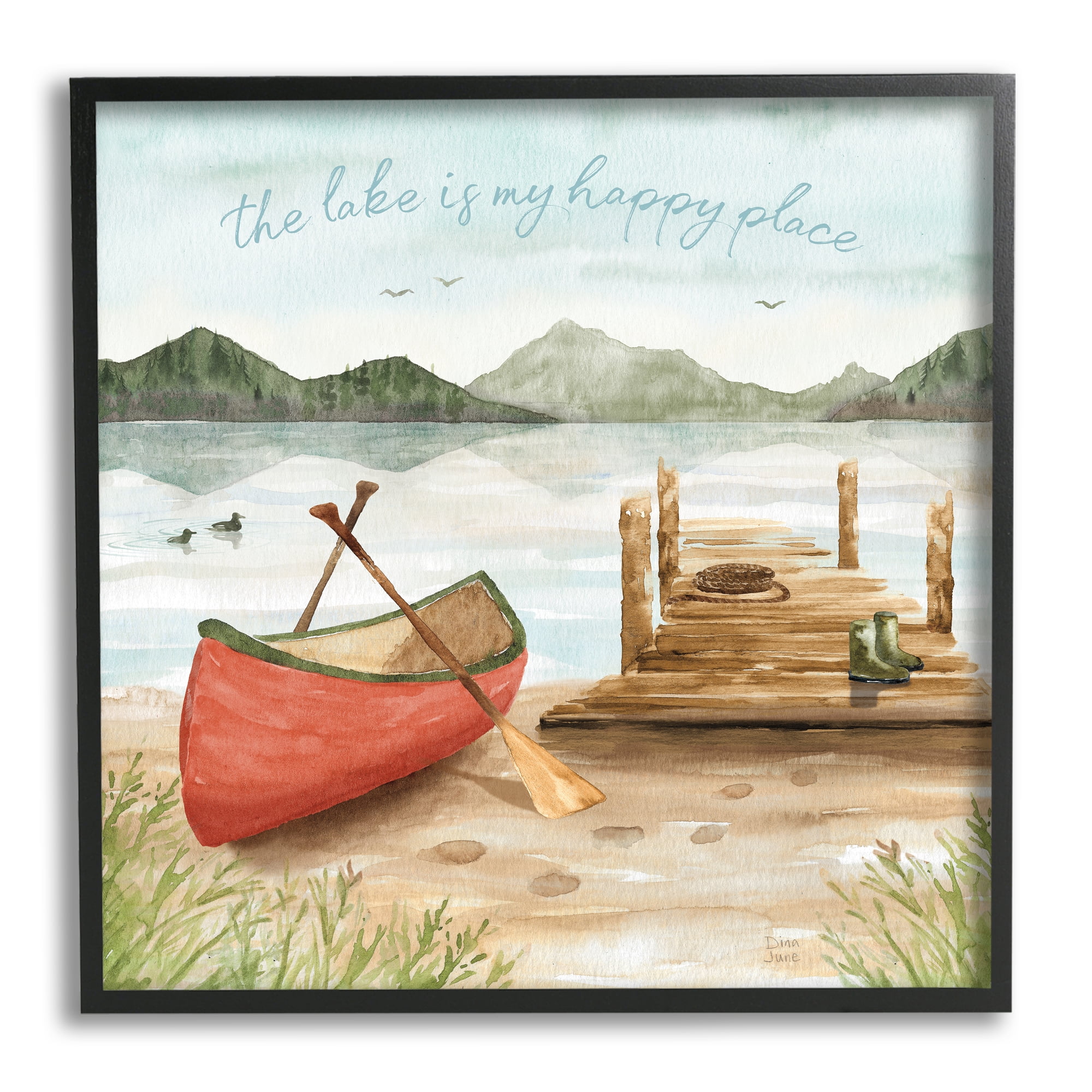 Stupell Industries Lake's My Happy Place Phrase Boat Dock Landscape Landscape Painting Black Framed Art Print Wall Art, 12 x 12