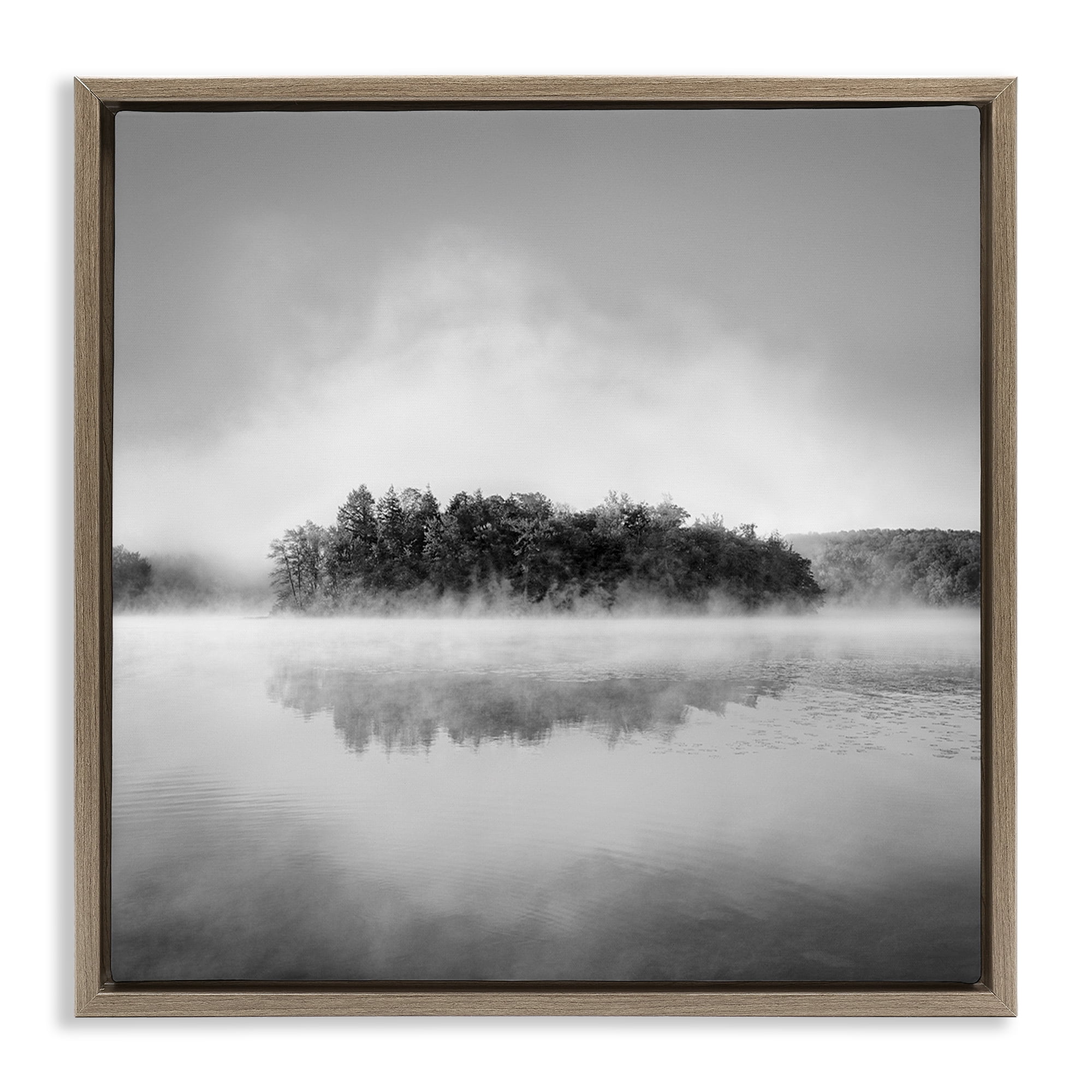 Stupell Industries Lake with Distant Island Landscape & Nature Photography Brown Floater Framed Canvas Art Print Wall Art, 18 x 18