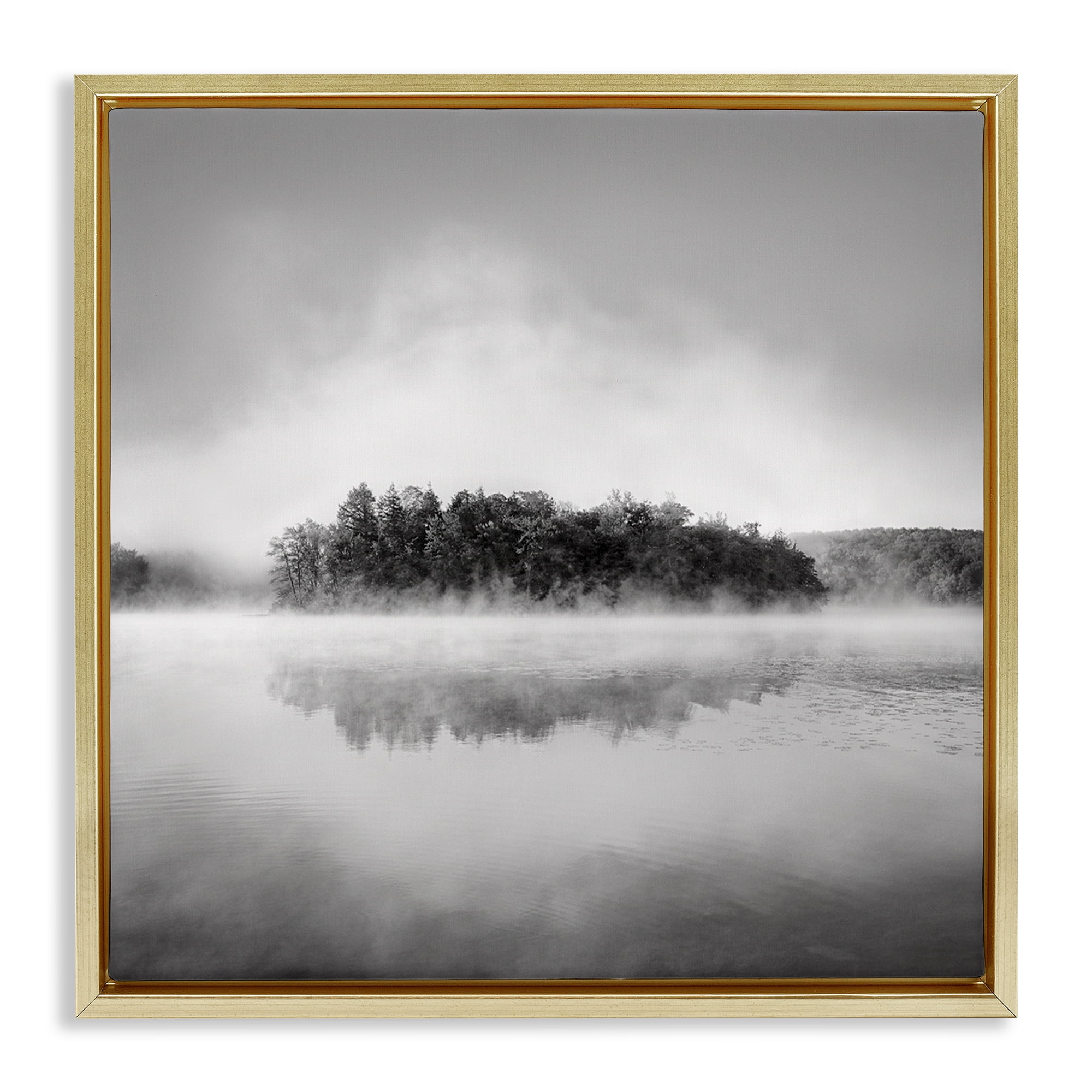 Stupell Industries Lake with Distant Island Landscape & Nature Photography Gold Floater Framed Canvas Art Print Wall Art, 18 x 18