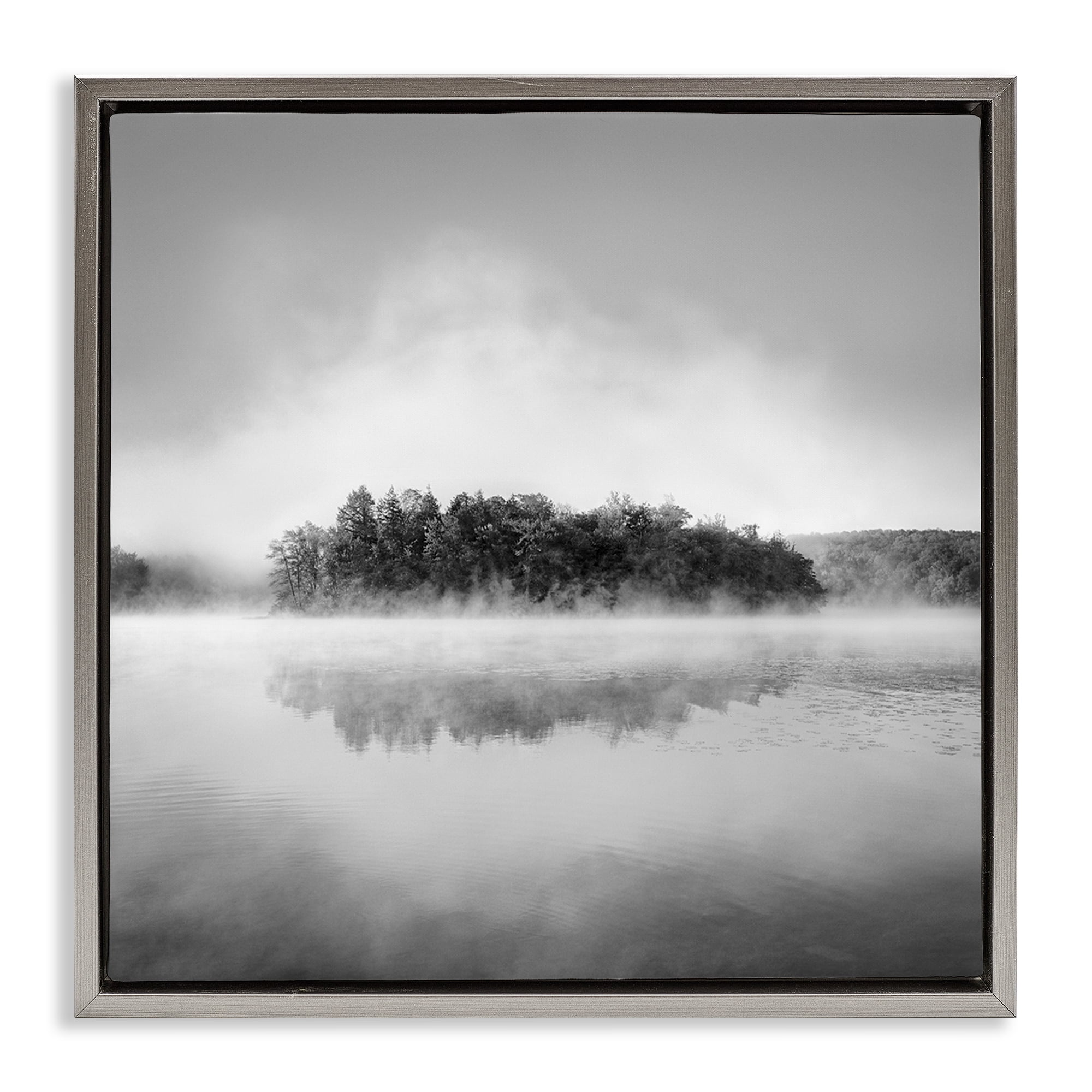 Stupell Industries Lake with Distant Island Landscape & Nature Photography Gray Floater Framed Canvas Art Print Wall Art, 18 x 18