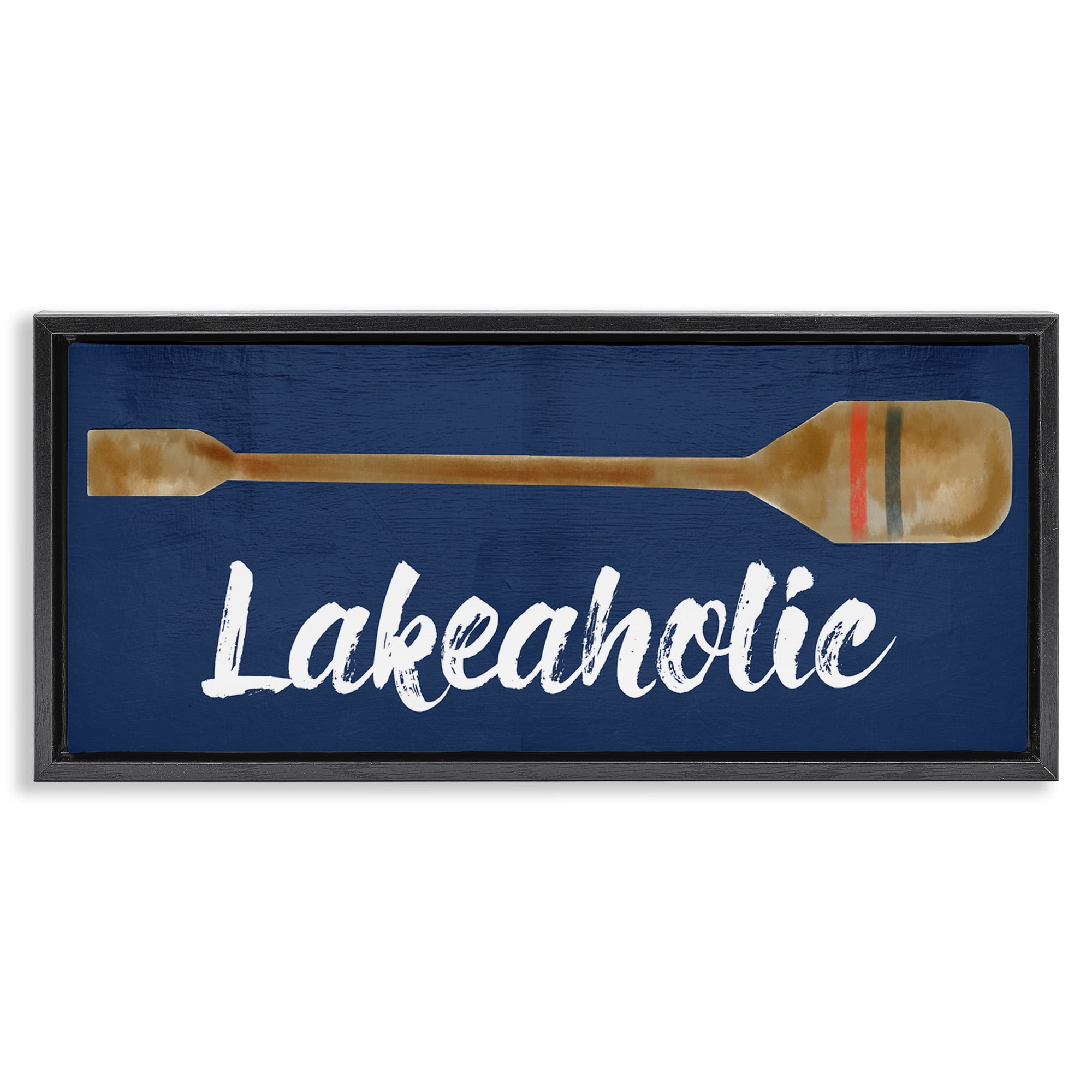 Stupell Industries Lakeaholic Boat Oar Inspirational Painting Black Floater Framed Canvas Art Print Wall Art, 25 x 11