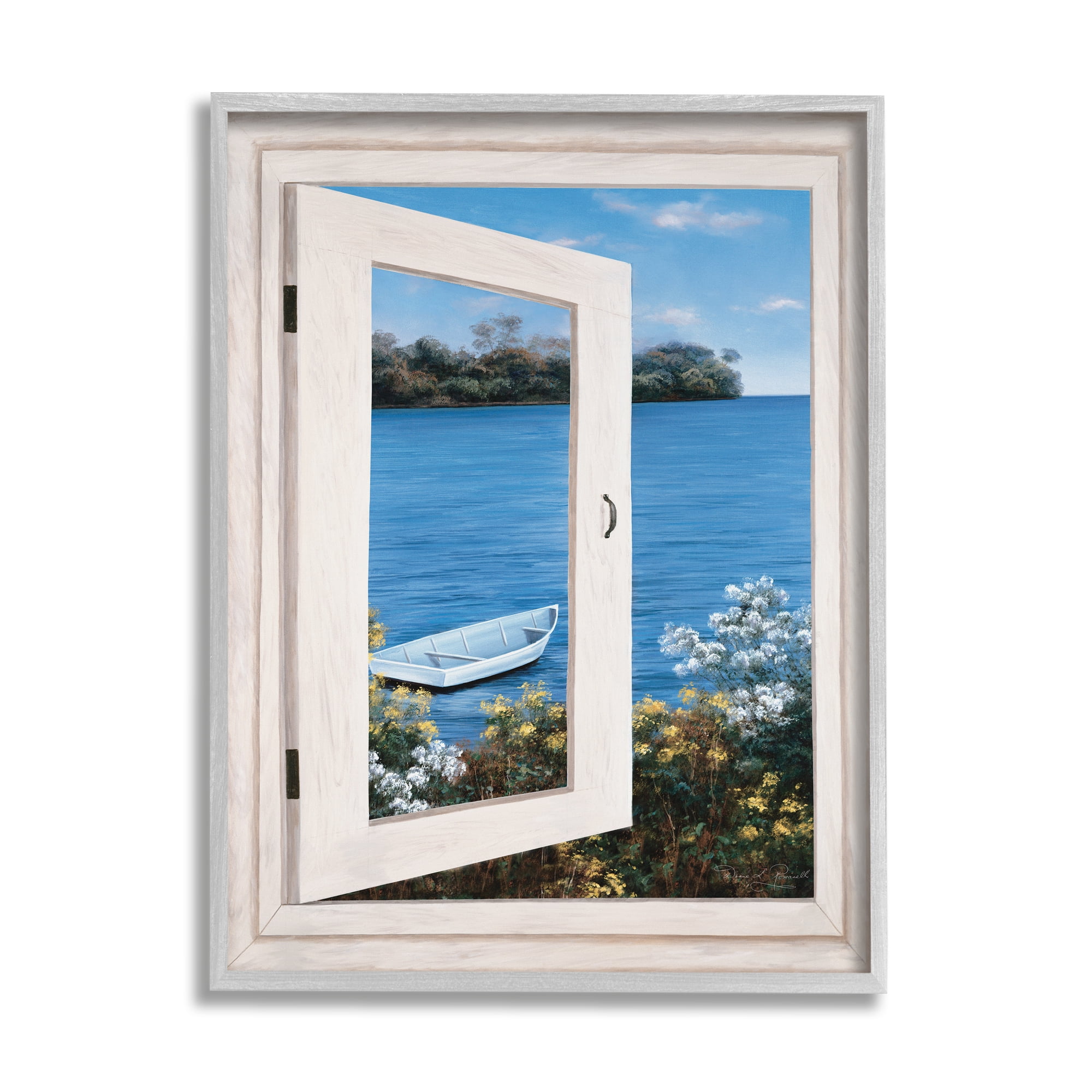 Stupell Industries Lakefront Window Charming Floral Island Boat,16 x 20,Designed by Diane Romanello