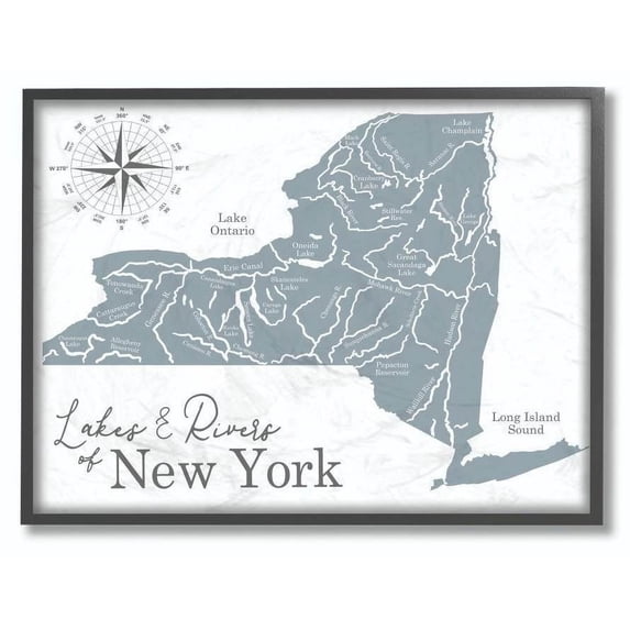 Stupell Industries Lakes And Rivers New York State Blue Map Framed Wall Art by Daphne Polselli