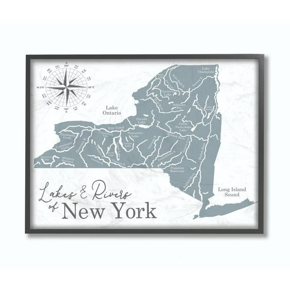 Stupell Industries Lakes And Rivers New York State Blue Map Framed Wall Art by Daphne Polselli
