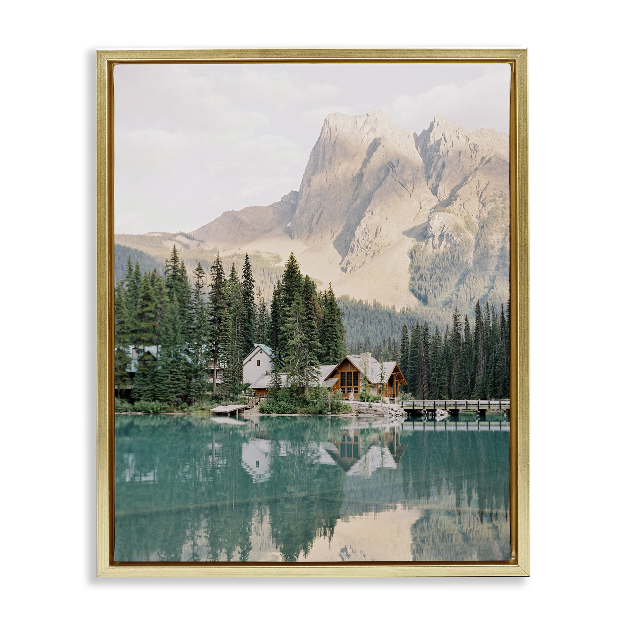 Stupell Industries Lakeside Cabin Landscape Landscape Photography Gold Floater Framed Art Print Wall Art, 17 x 21