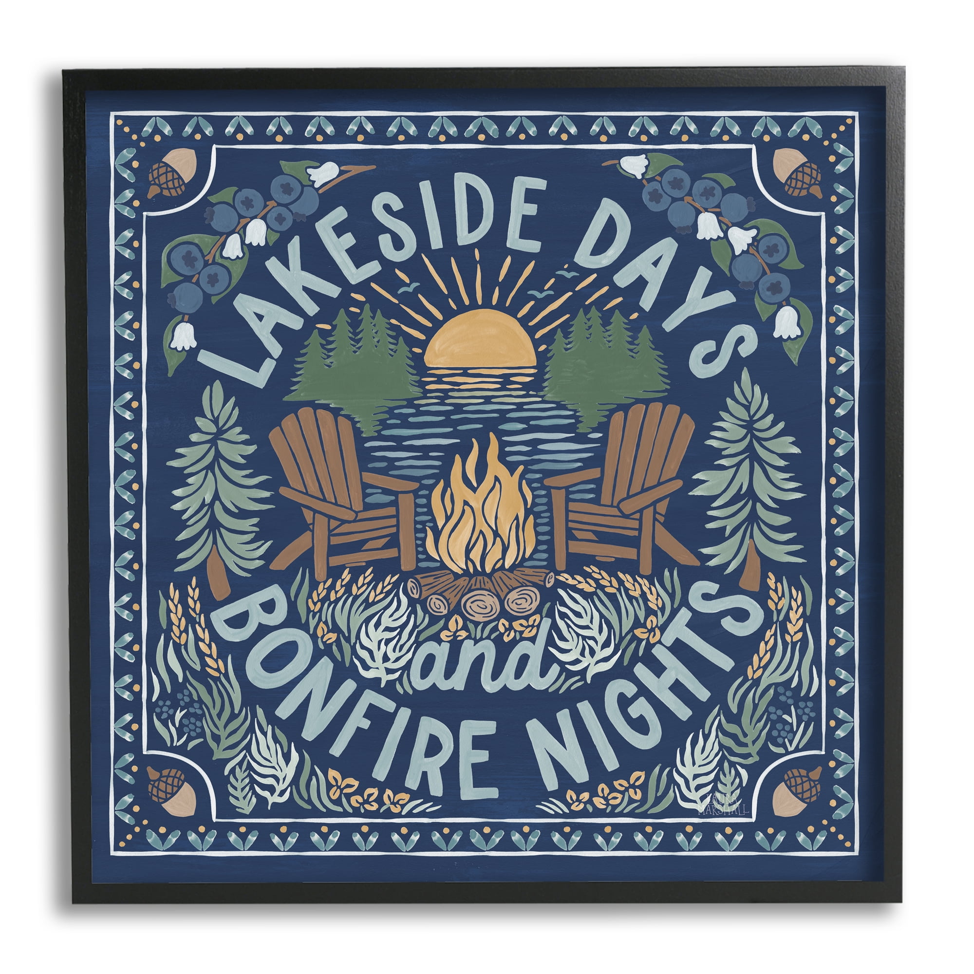 Stupell Industries Lakeside Campfire Phrase Nature Painting Black Framed Art Print Wall Art, 17 x 17