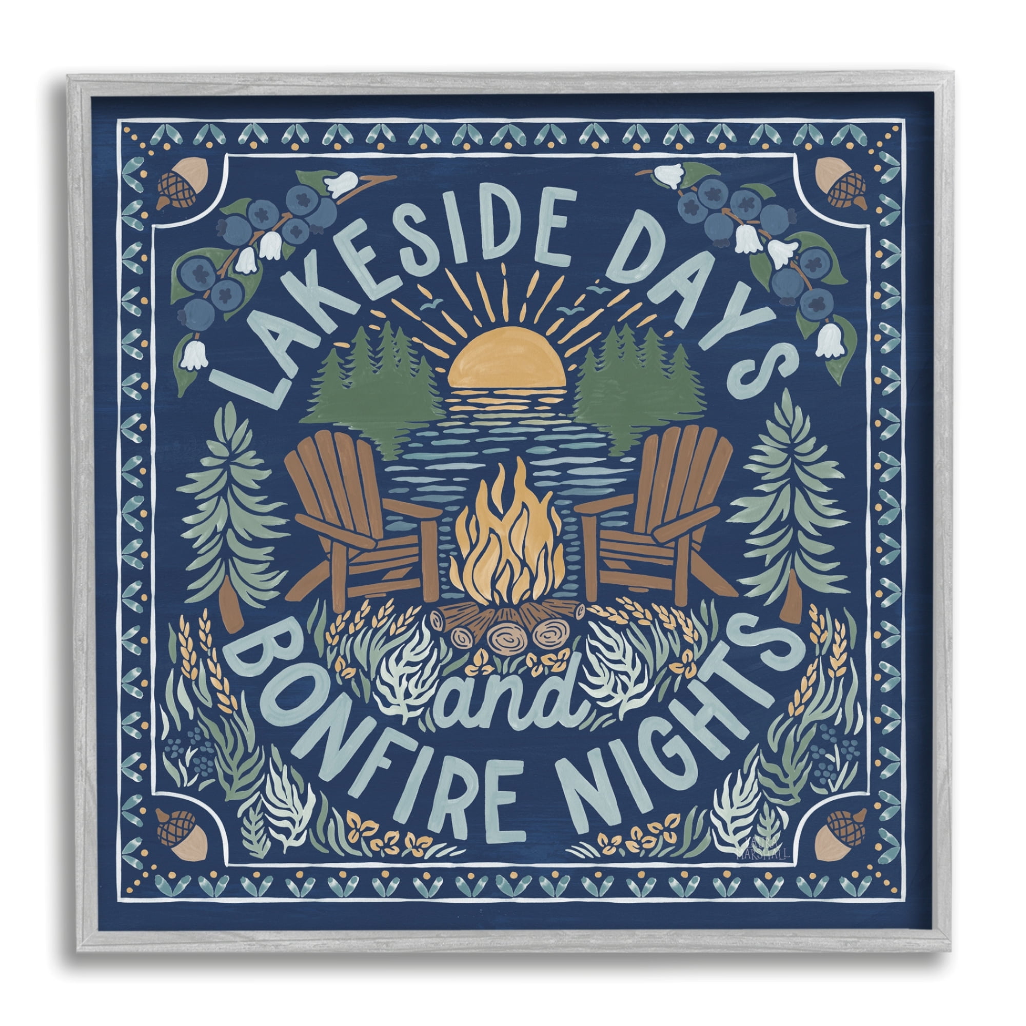 Stupell Industries Lakeside Campfire Phrase Nature Painting Gray Framed Art Print Wall Art, 24 x 24