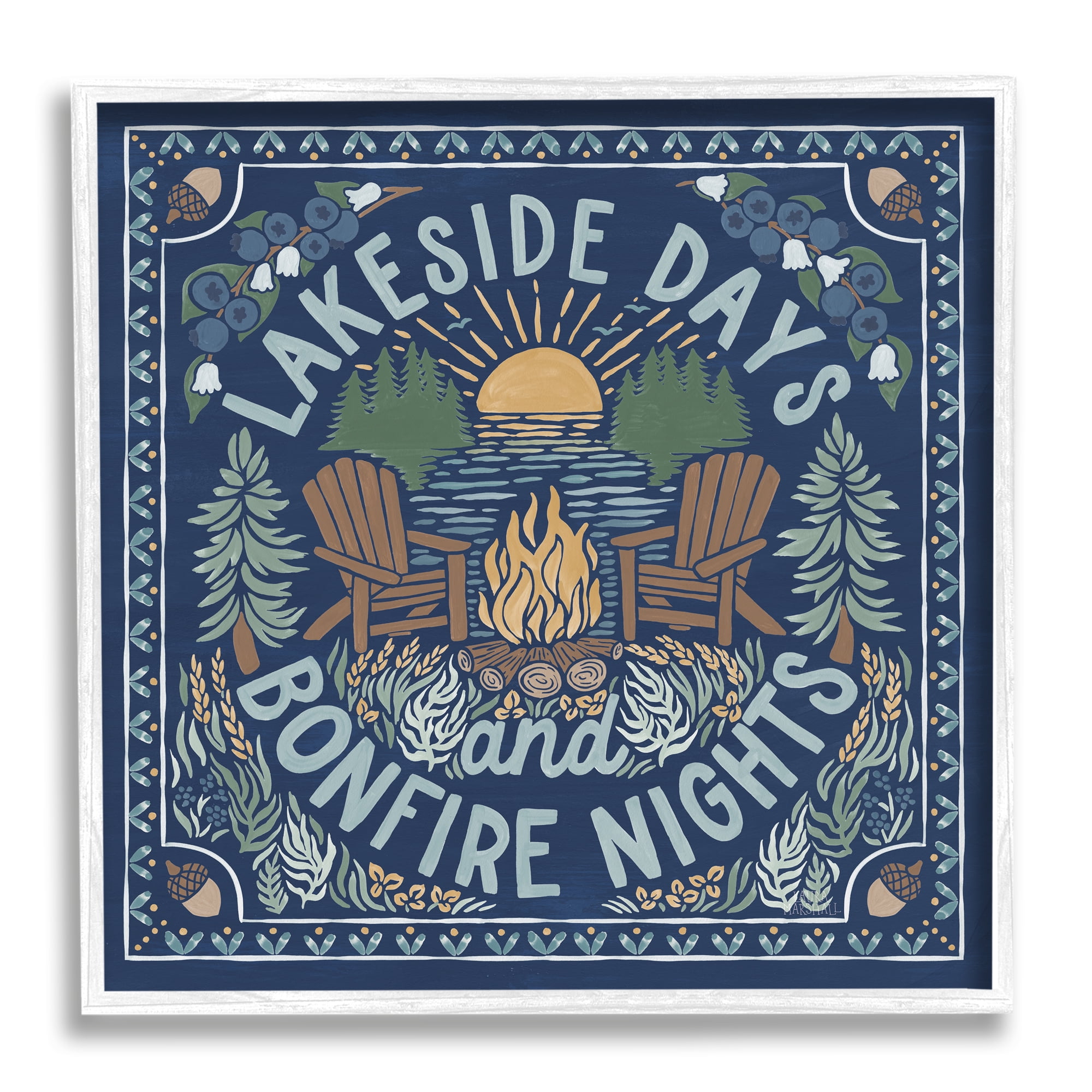 Stupell Industries Lakeside Campfire Phrase Nature Painting White Framed Art Print Wall Art, 17 x 17