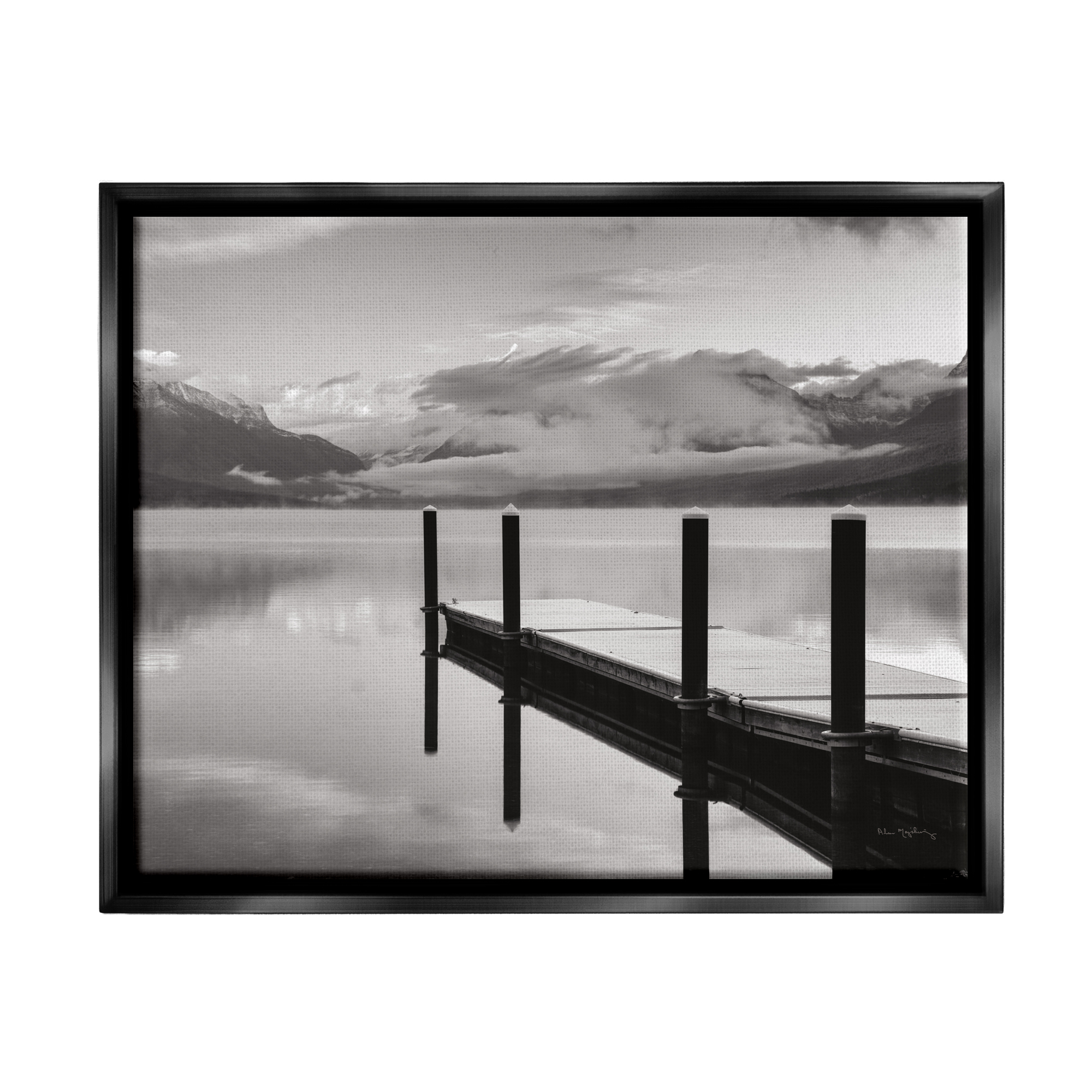 Stupell Industries Lakeside Mountain Dock Nature Photography Black Floater Framed Art Print Wall Art, 31 x 25