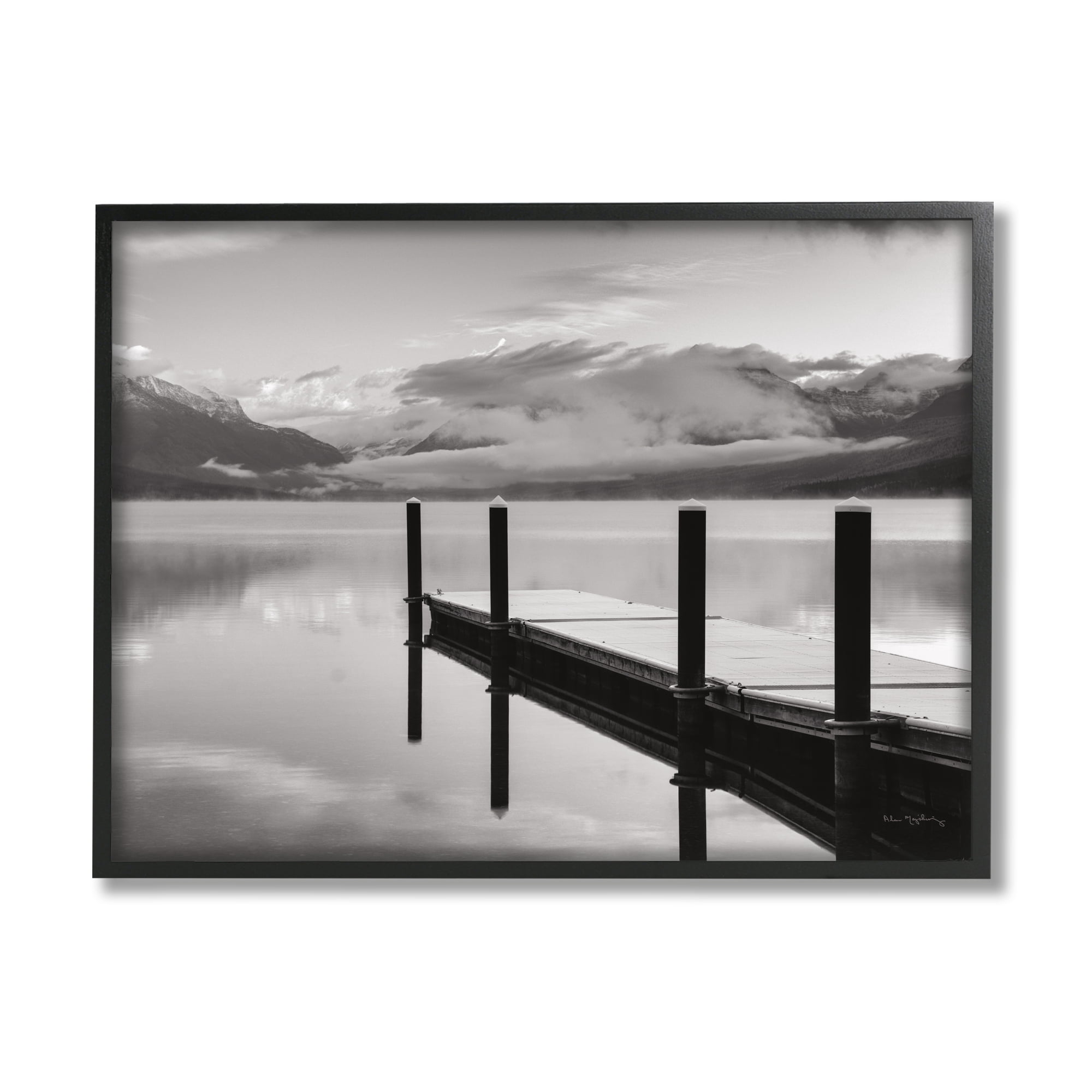 Stupell Industries Lakeside Mountain Dock Nature Photography Black Framed Art Print Wall Art, 20 x 16