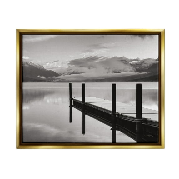 Stupell Industries Lakeside Mountain Dock Nature Photography Gold Floater Framed Art Print Wall Art, 31 x 25