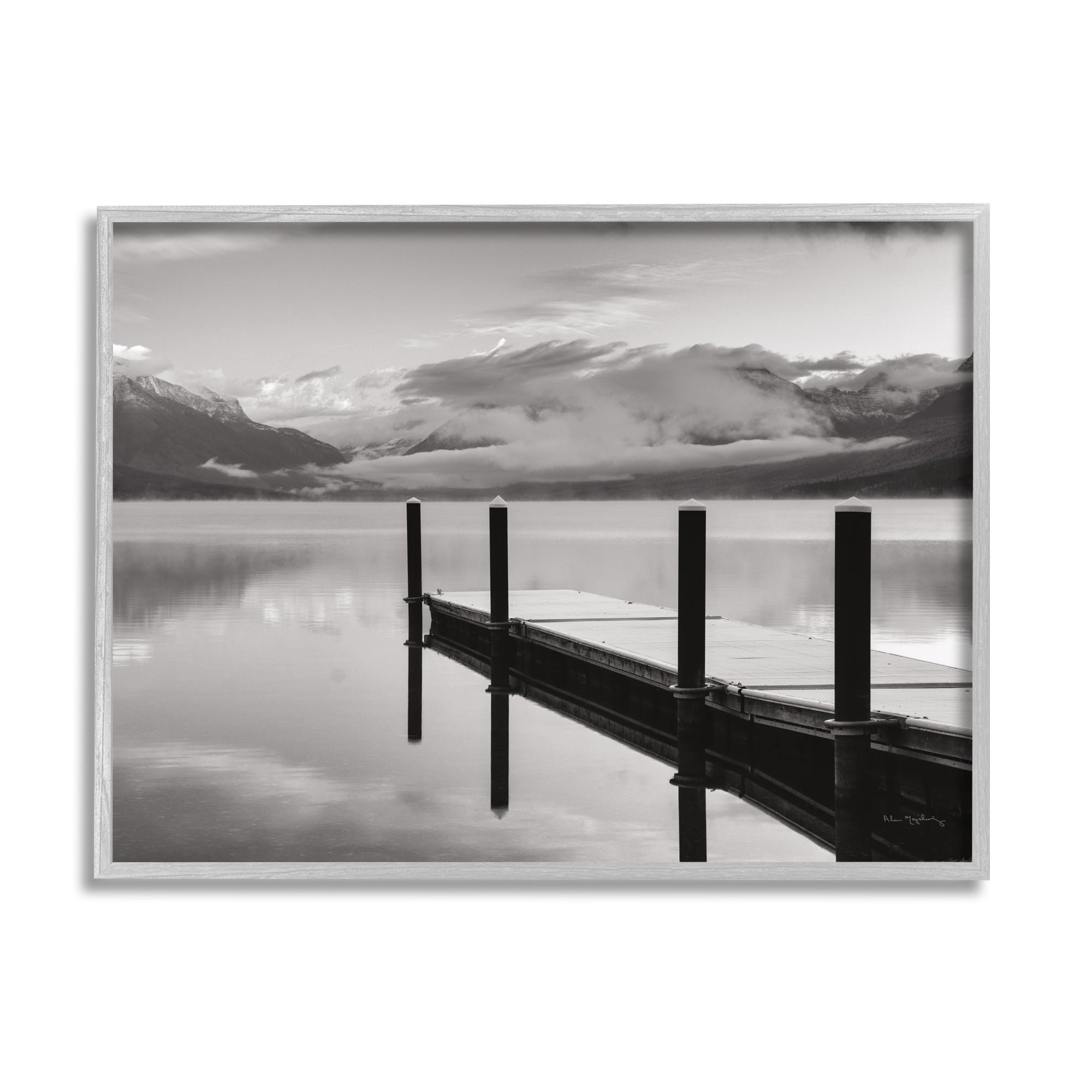 Stupell Industries Lakeside Mountain Dock Nature Photography Gray Framed Art Print Wall Art, 30 x 24