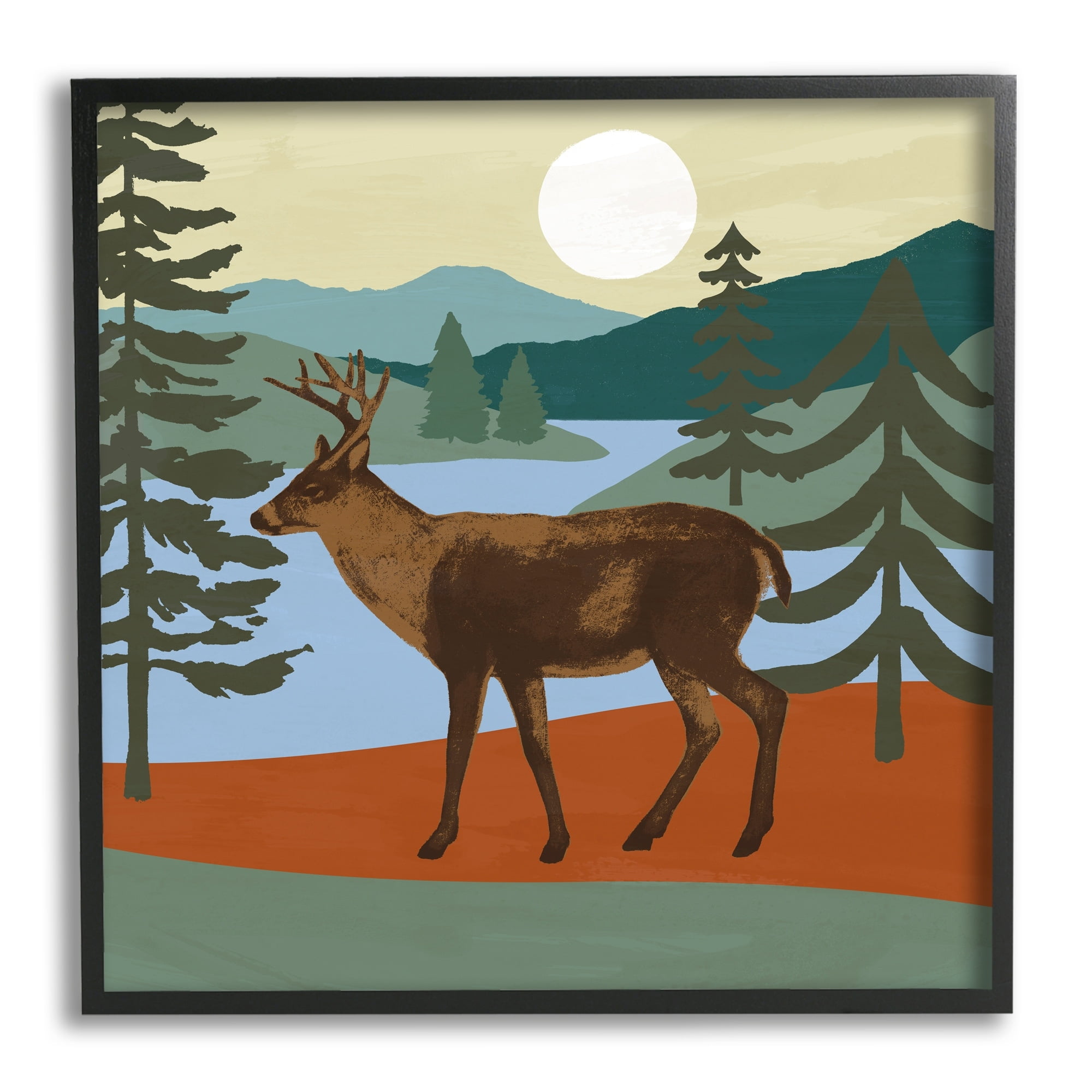 Stupell Industries Lakeside Mountain Peaks Forest Deer Walking Graphic Art Black Framed Art Print Wall Art, 12x12, by Victoria Barnes
