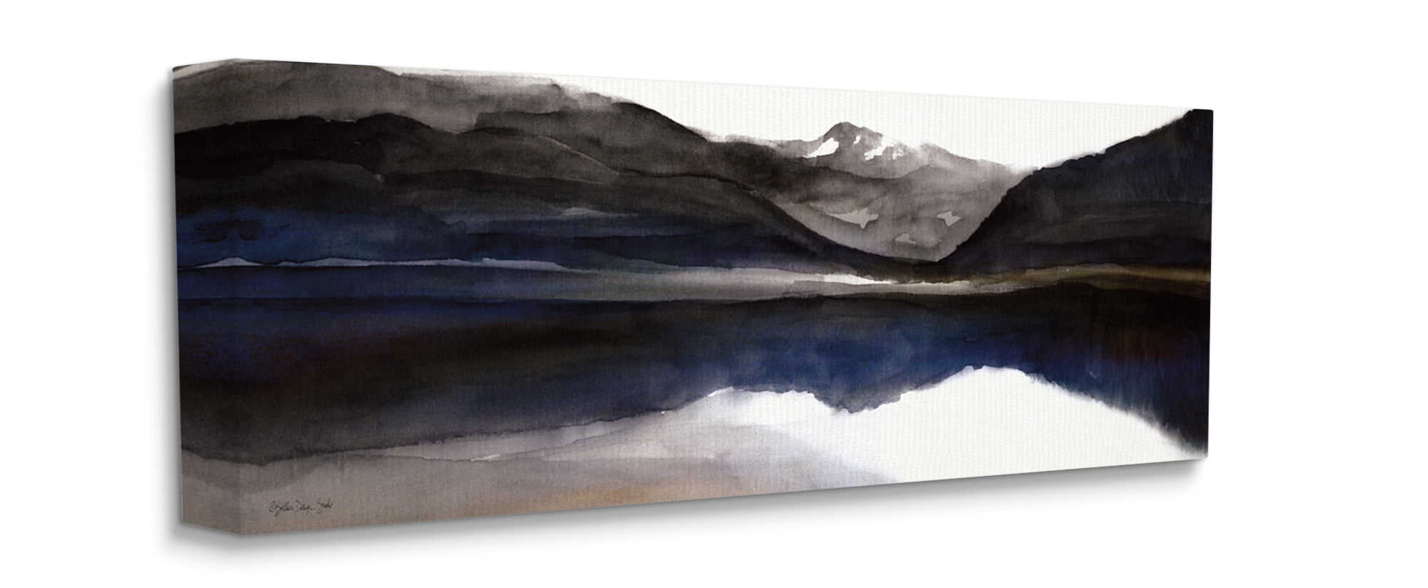 Stupell Industries Lakeside Mountain Range Reflection Watercolor Black Blue Canvas Wall Art, 13 x 30, Design by Stellar Design Studio