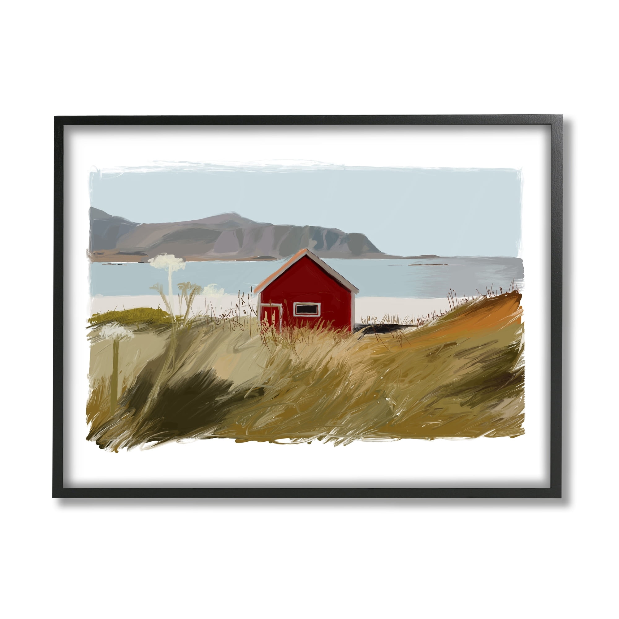 Stupell Industries Lakeside Rural Red House Distant Mountain View Painting Black Framed Art Print Wall Art, Design by J. Weiss