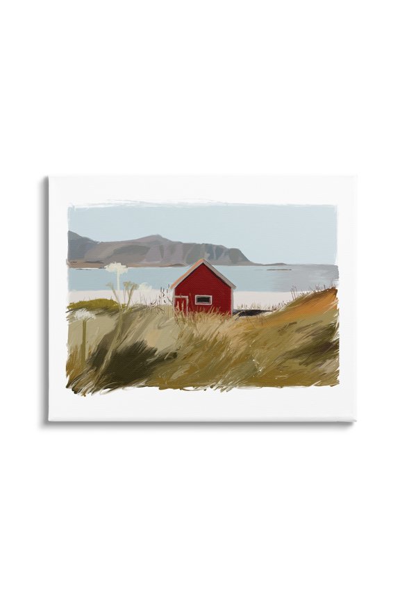 Industries Lakeside Rural Red House Distant Mountain View Painting Gallery Wrapped Canvas Print Wall Art, Design by J. Weiss