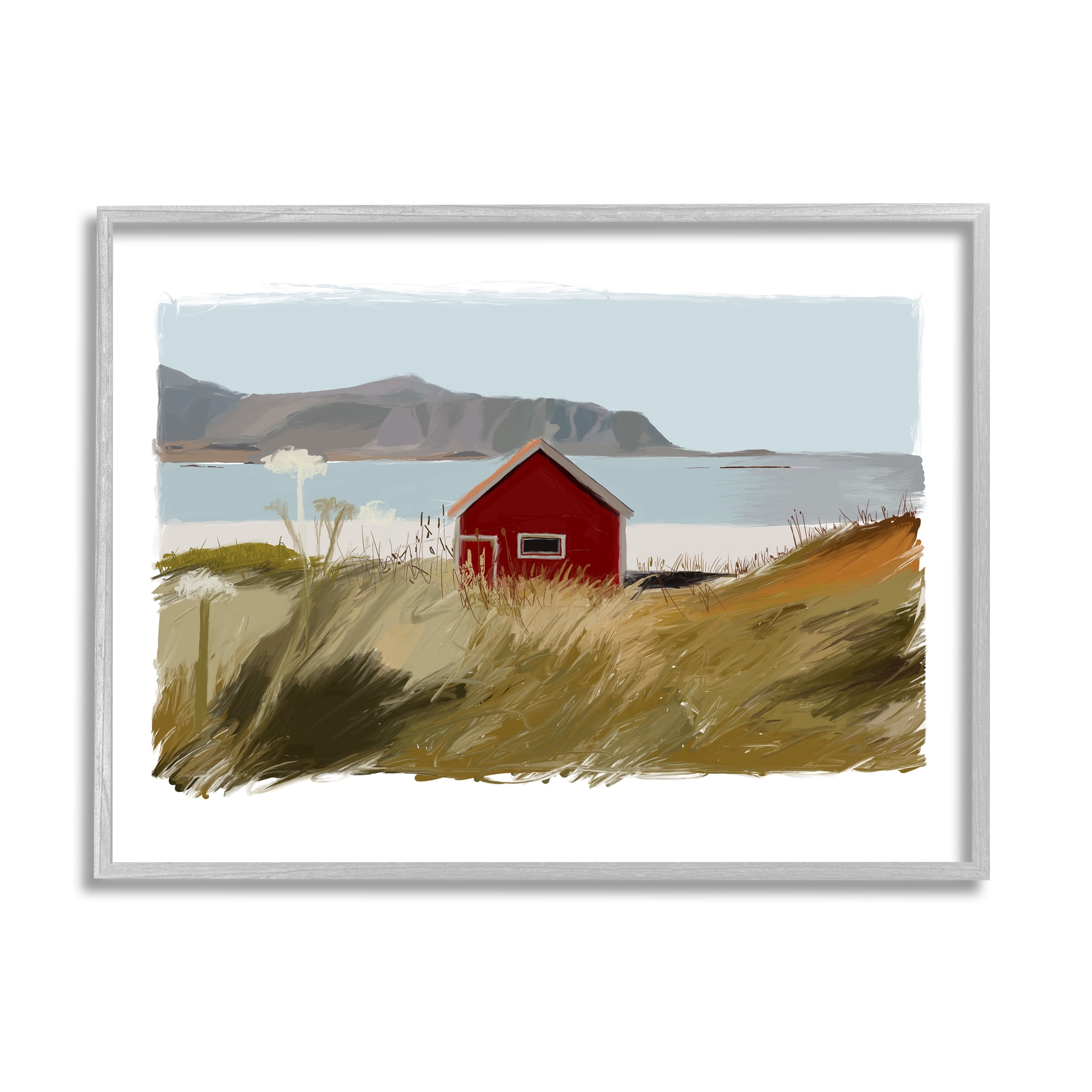 Stupell Industries Lakeside Rural Red House Distant Mountain View Painting Gray Framed Art Print Wall Art, Design by J. Weiss
