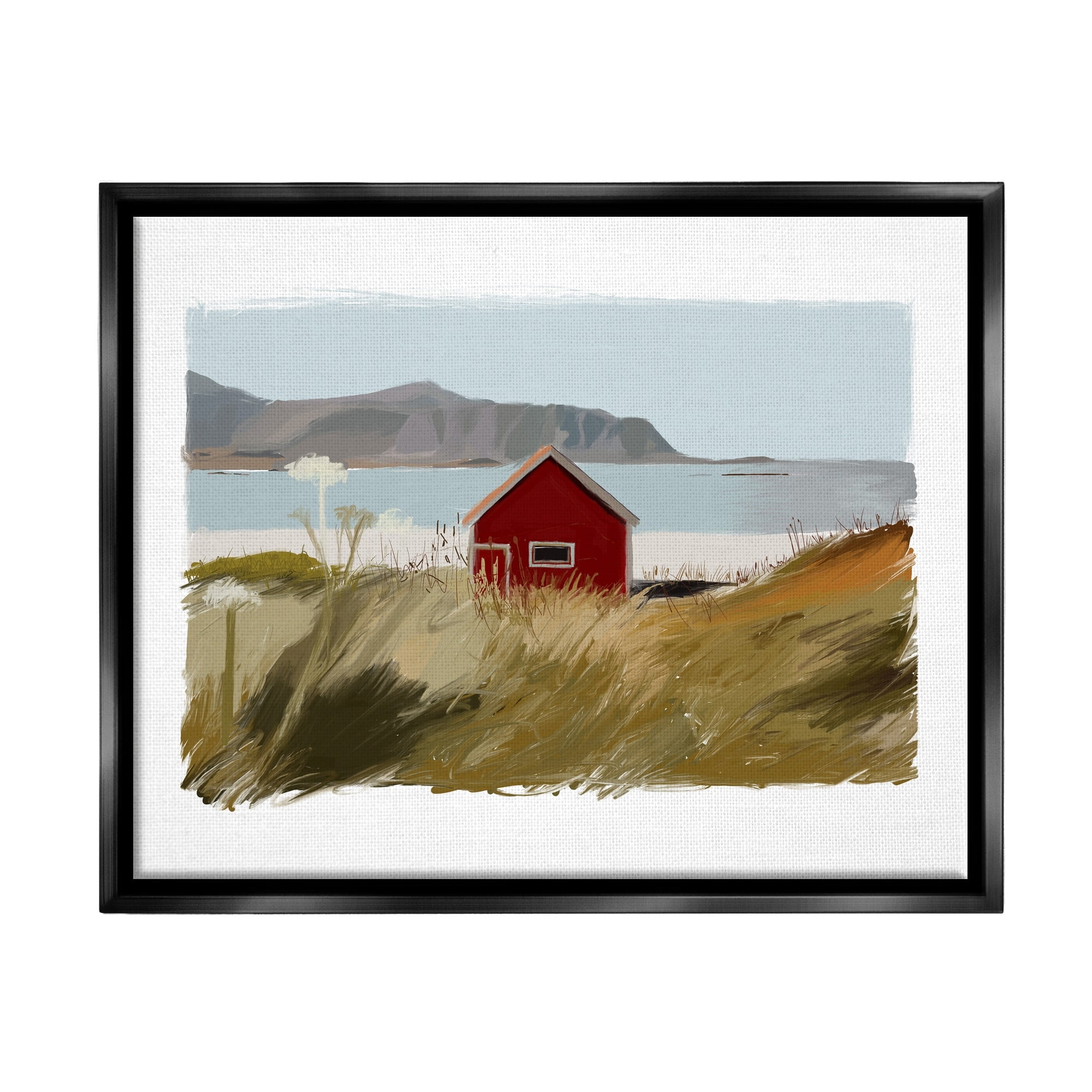 Stupell Industries Lakeside Rural Red House Distant Mountain View Painting Jet Black Floating Framed Canvas Print Wall Art, Design by J. Weiss