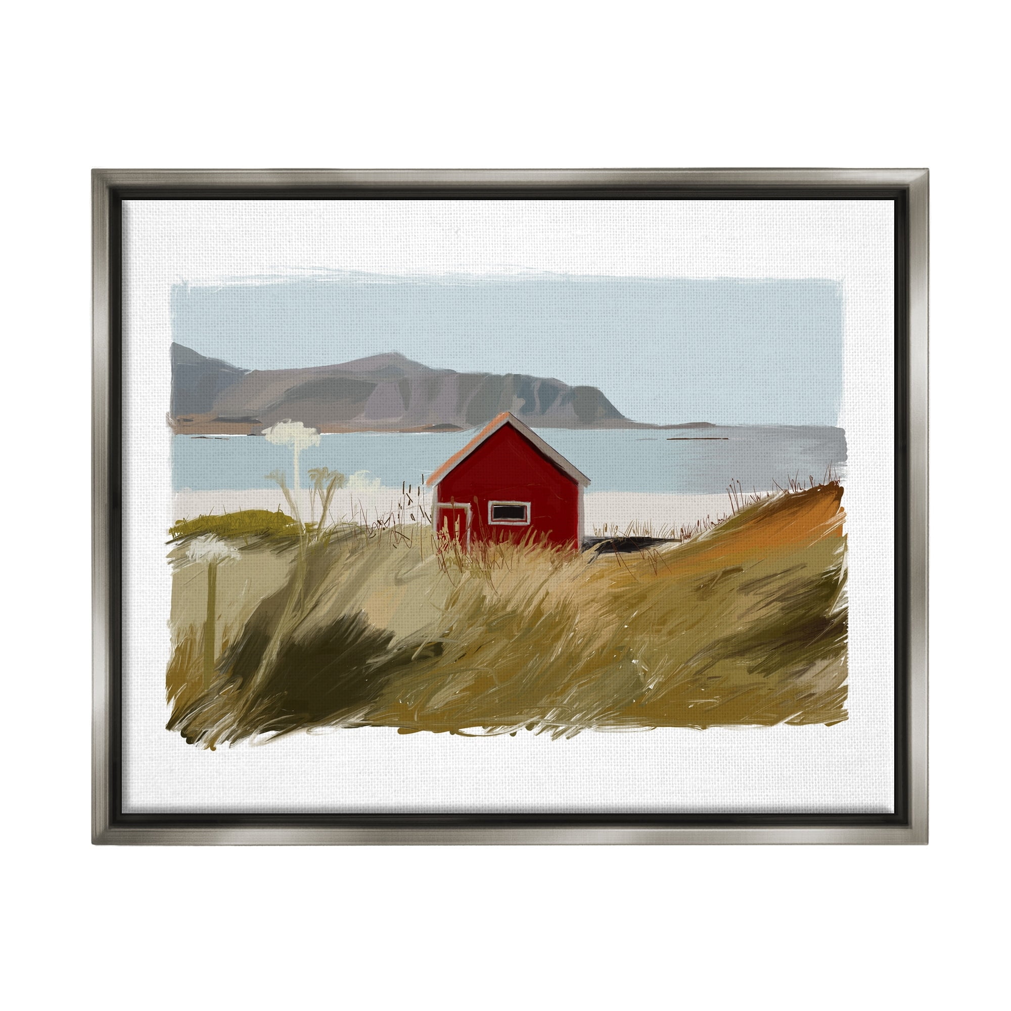 Stupell Industries Lakeside Rural Red House Distant Mountain View Painting Luster Gray Floating Framed Canvas Print Wall Art, Design by J. Weiss