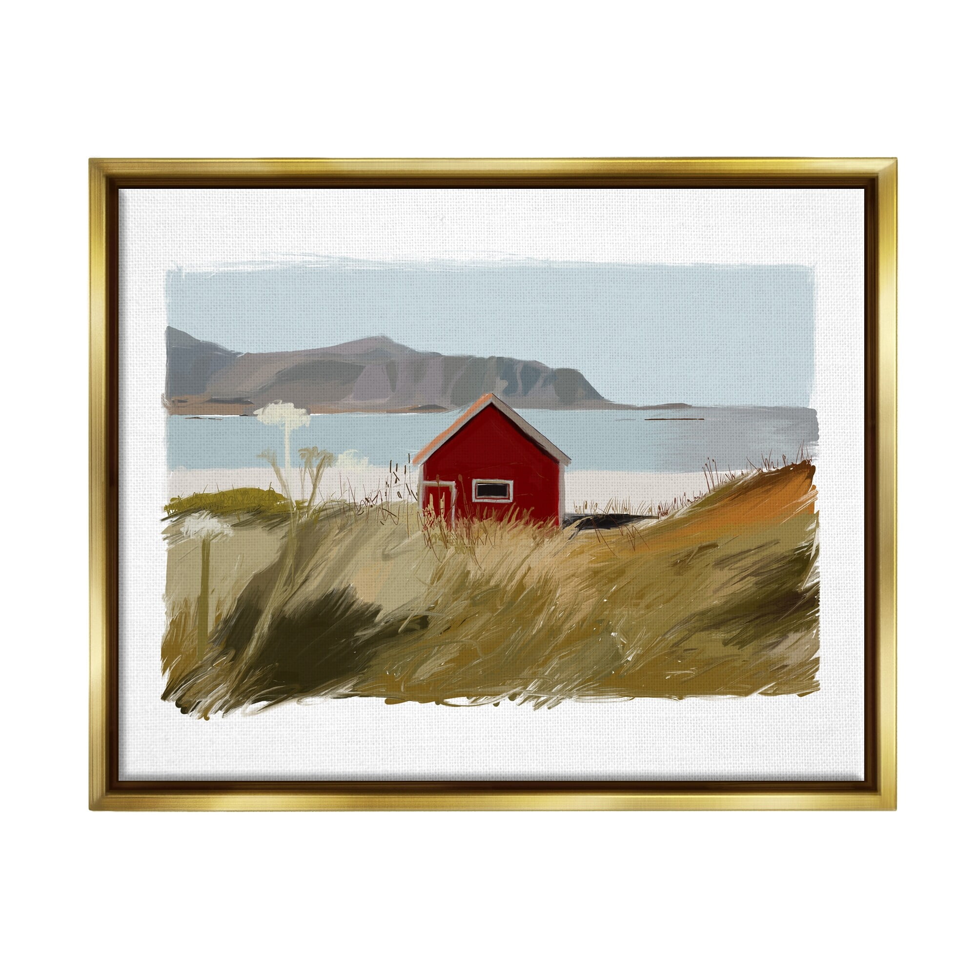 Stupell Industries Lakeside Rural Red House Distant Mountain View Painting Metallic Gold Floating Framed Canvas Print Wall Art, Design by J. Weiss