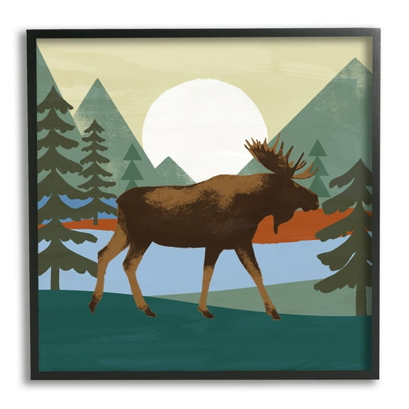 Stupell Industries Lakeside Woodlands Moose Walking Setting Sun Graphic Art Black Framed Art Print Wall Art, 17x30, by Victoria Barnes