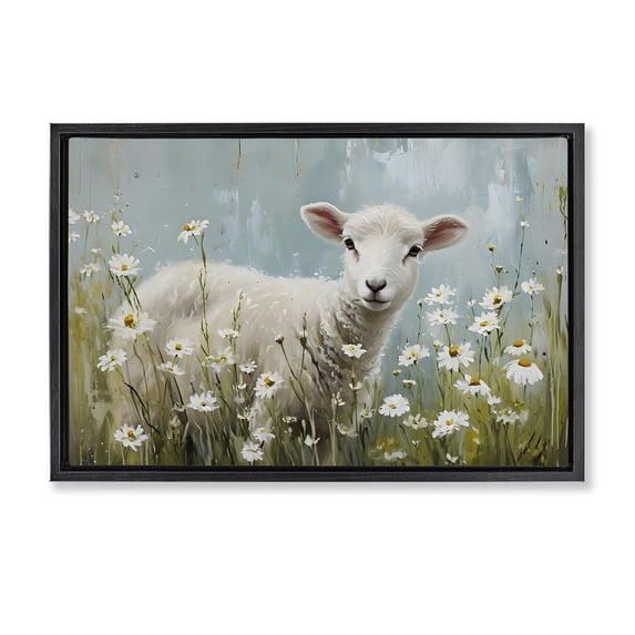 Stupell Industries French Country Lamb Among Daisies Black Floating Frame Canvas Art, 25 x 17, by Petals Prints Design