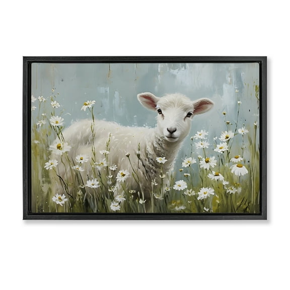 Stupell Industries Lamb Among Daisies Animals & Insects Painting Black Floater Framed Canvas Art Print Wall Art, 25 x 17