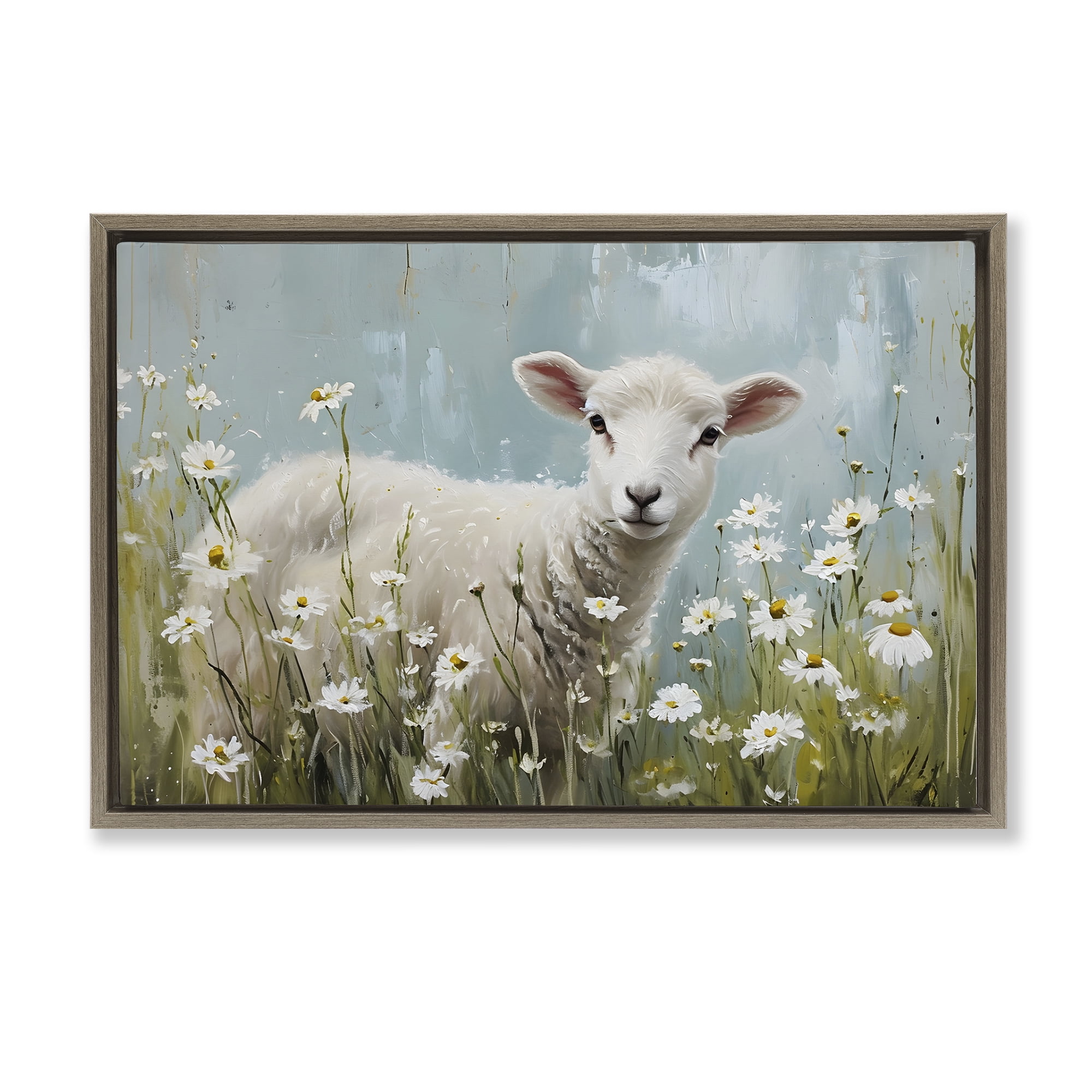 Stupell Industries Lamb Among Daisies Animals & Insects Painting Brown Floater Framed Canvas Art Print Wall Art, 25 x 17