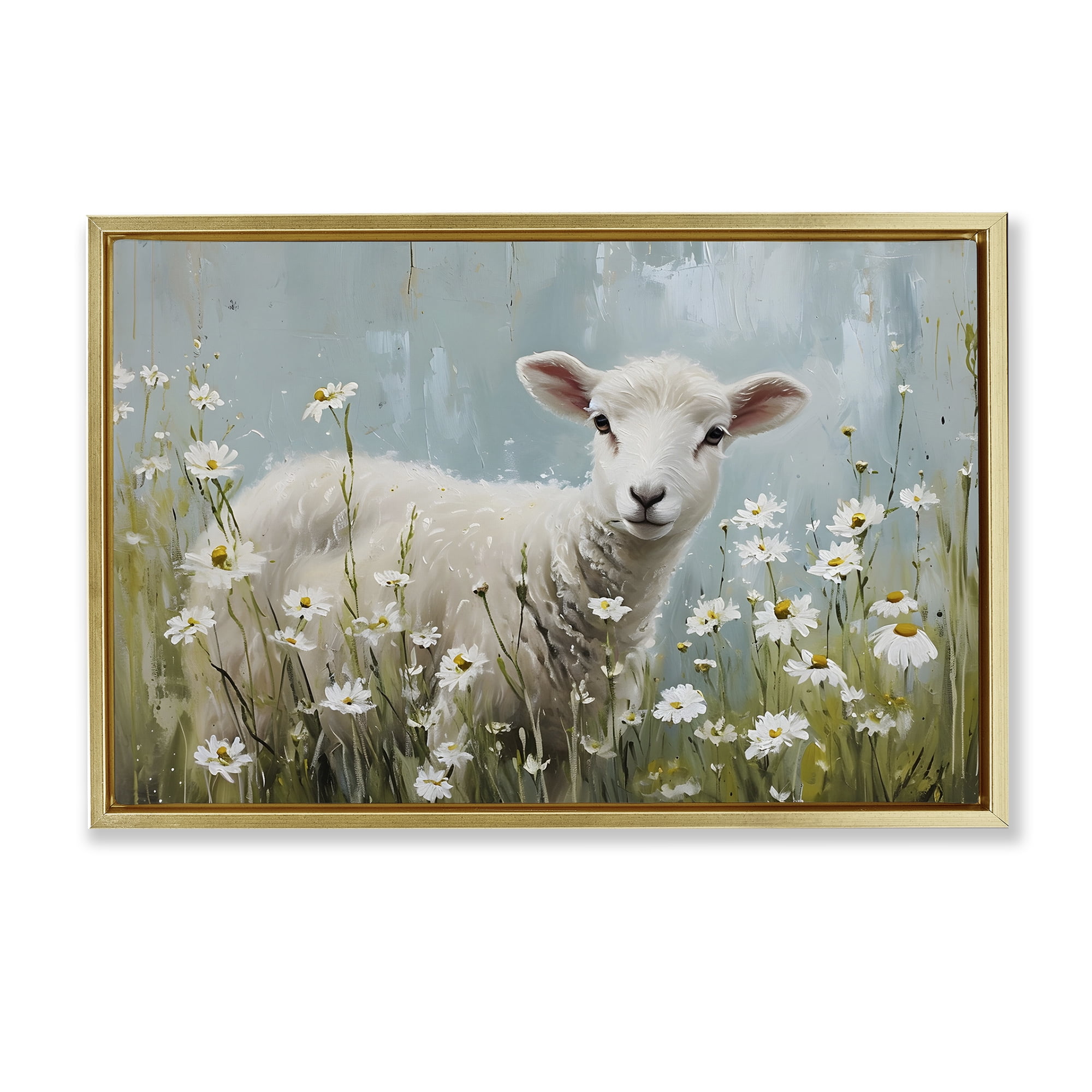 Stupell Industries Lamb Among Daisies Animals & Insects Painting Gold Floater Framed Canvas Art Print Wall Art, 25 x 17