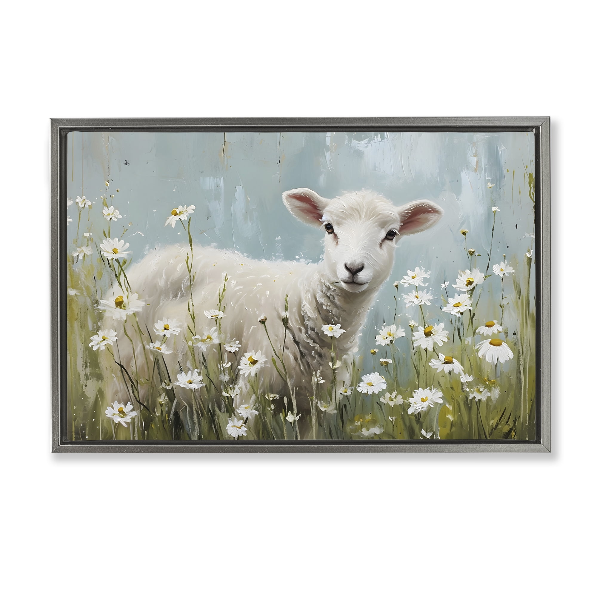 Stupell Industries Lamb Among Daisies Animals & Insects Painting Gray Floater Framed Canvas Art Print Wall Art, 31 x 21