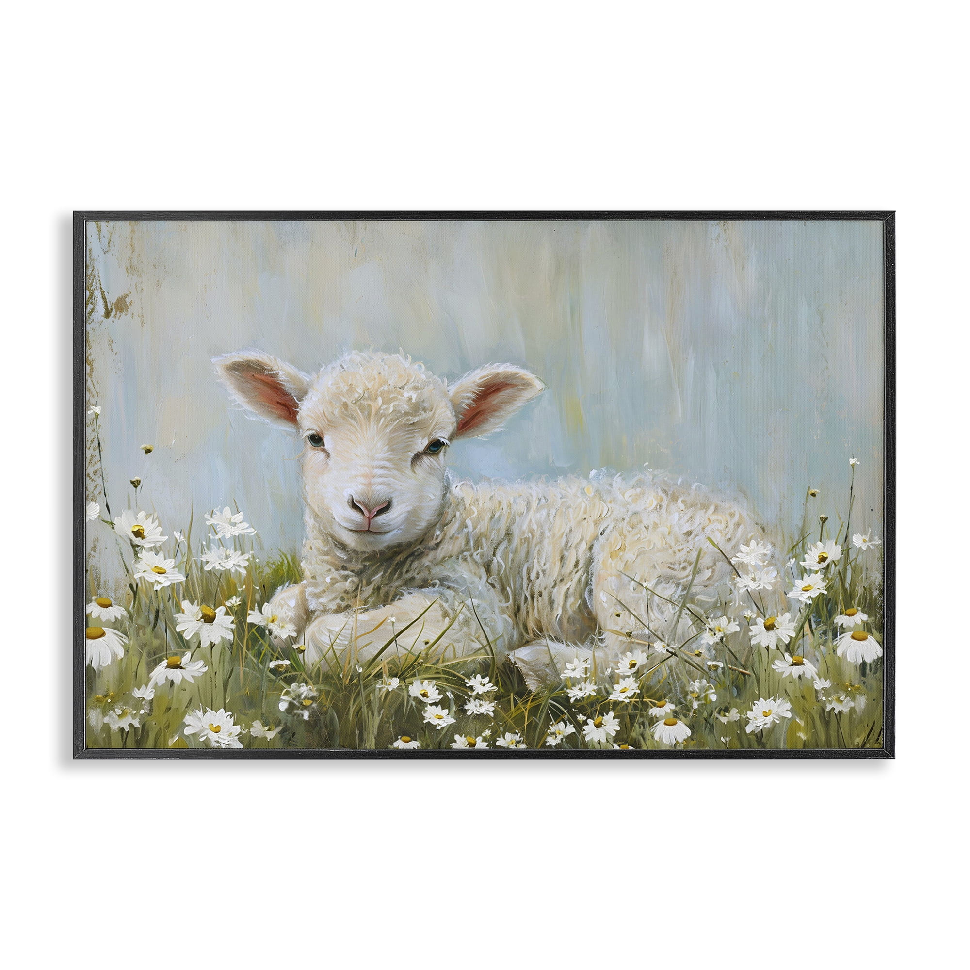 Stupell Industries Lamb Resting in Meadow Animals & Insects Painting Black Framed Art Print Wall Art, 30 x 20