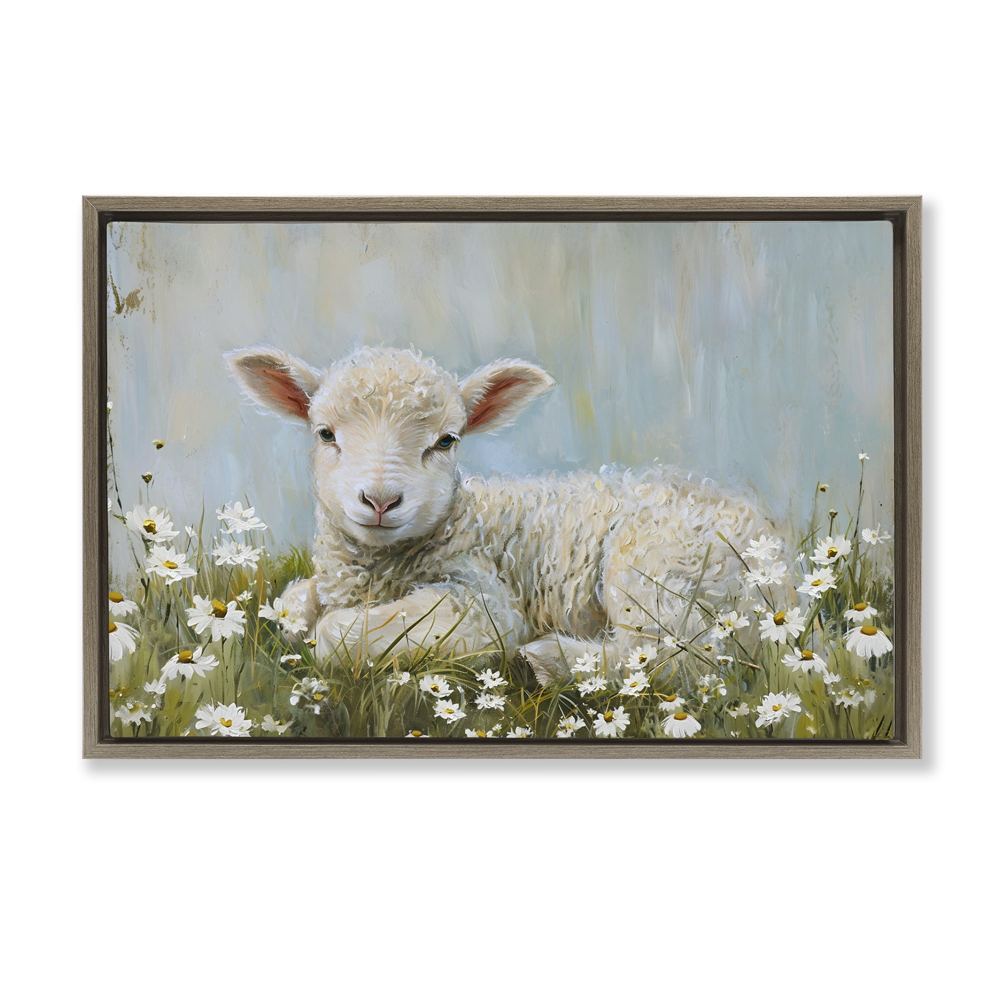 Stupell Industries Lamb Resting in Meadow Animals & Insects Painting Brown Floater Framed Canvas Art Print Wall Art, 25 x 17