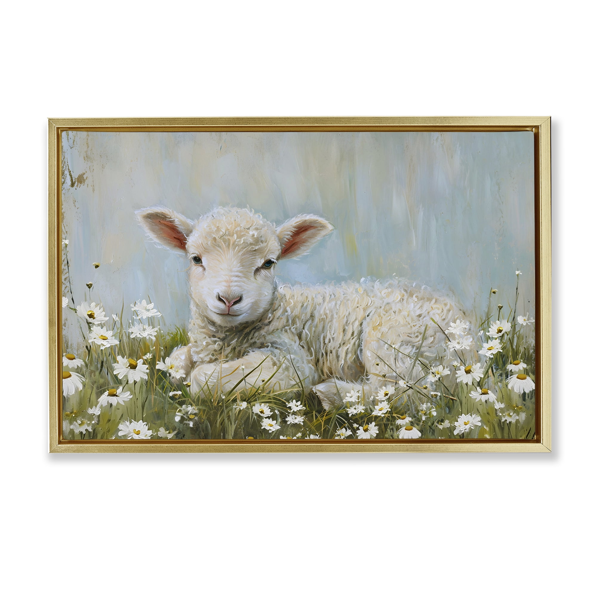 Stupell Industries Lamb Resting in Meadow Animals & Insects Painting Gold Floater Framed Canvas Art Print Wall Art, 31 x 21