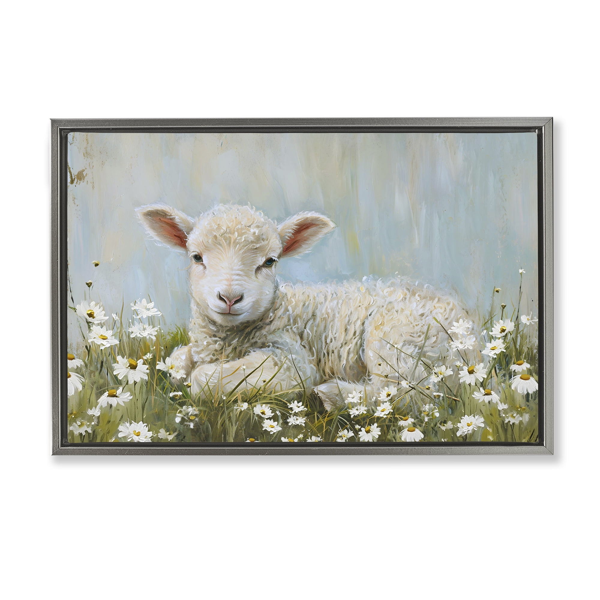 Stupell Industries Lamb Resting in Meadow Animals & Insects Painting Gray Floater Framed Canvas Art Print Wall Art, 31 x 21