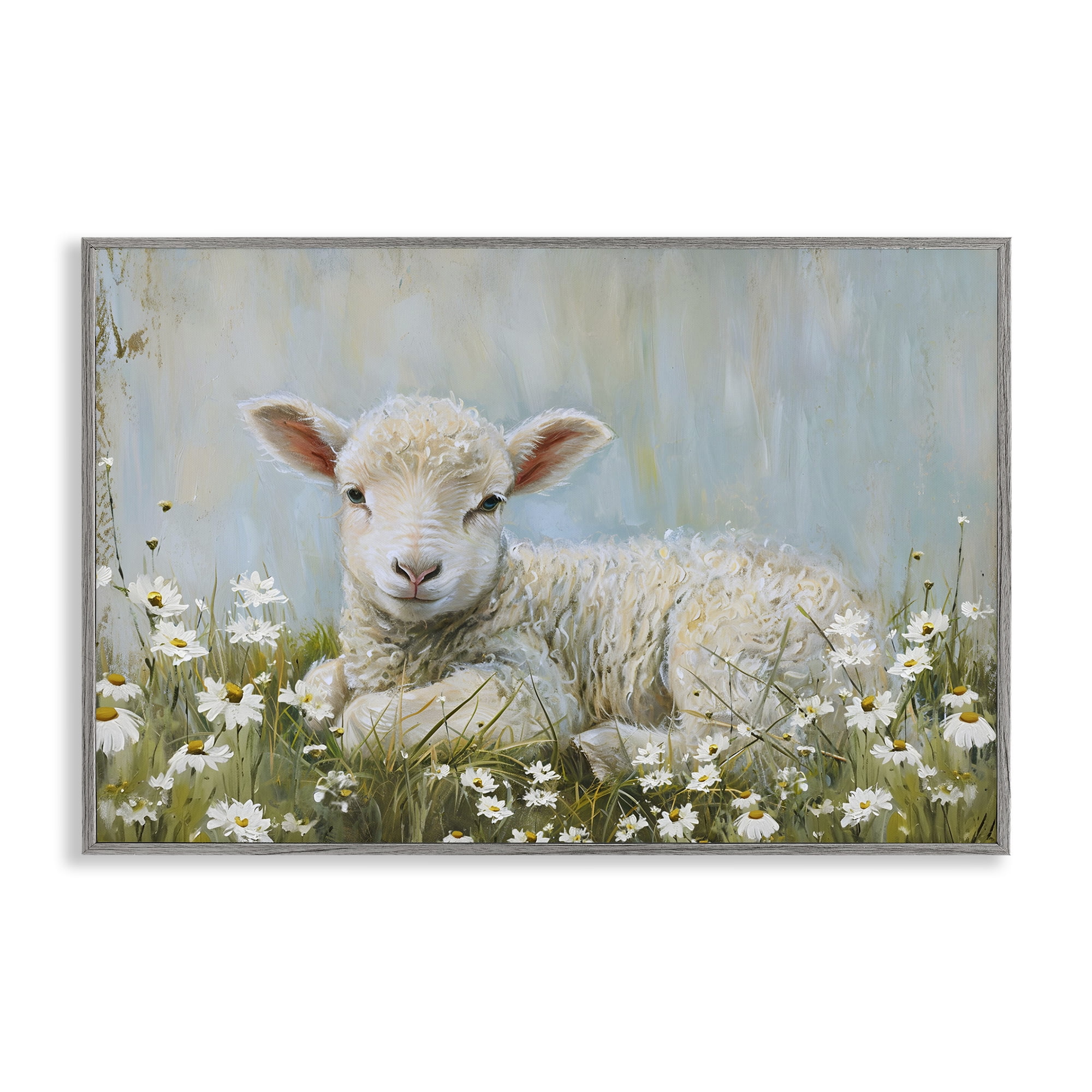 Stupell Industries Lamb Resting in Meadow Animals & Insects Painting Gray Framed Art Print Wall Art, 24 x 16
